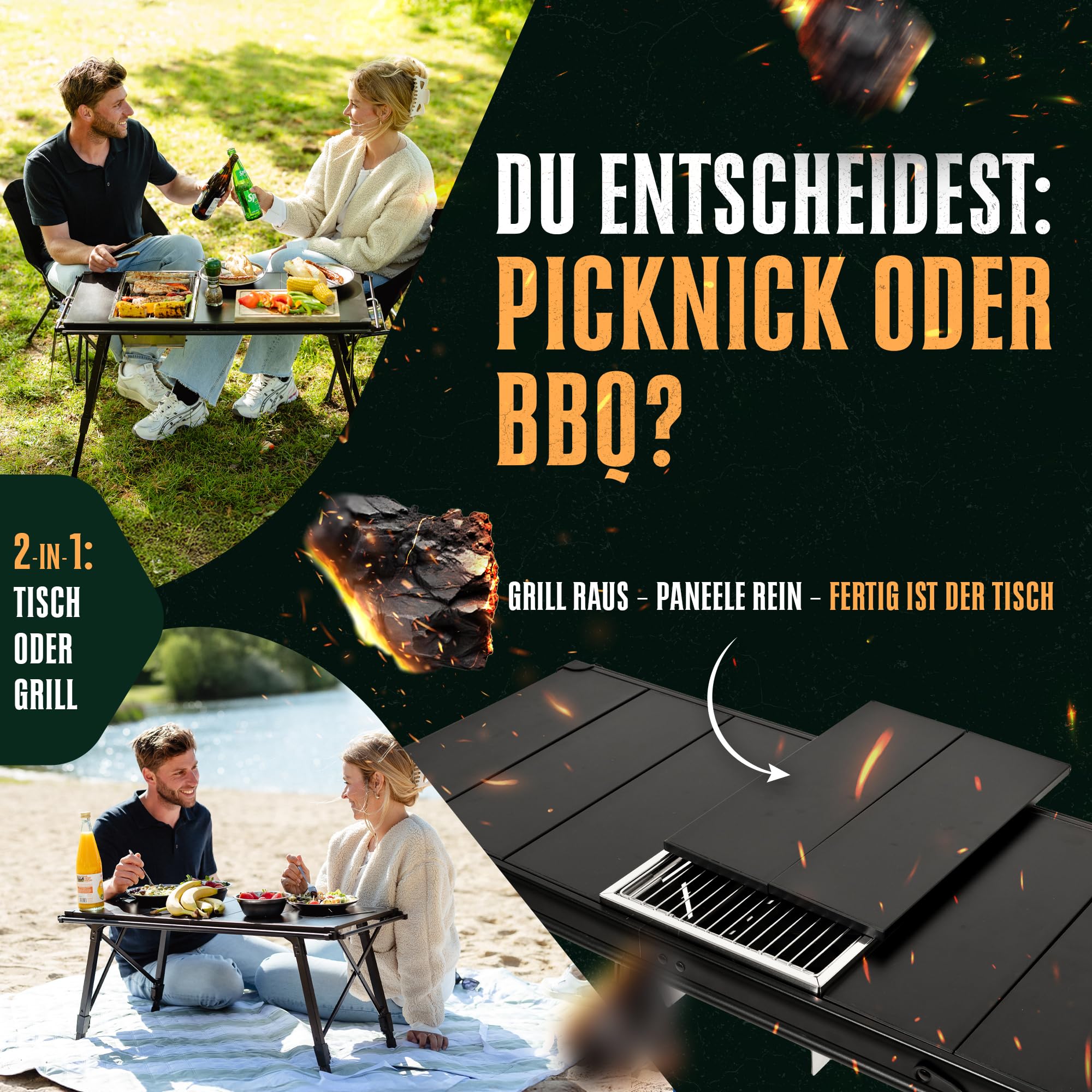 2in1 Holzkohlegrill & Campingtisch | Klappgrill mit Tischfunktion für 2-3 Personen | Kompakter Grill mit Klapptisch | faltbar & tragbar | Mini Grill ideal für kurze Trips