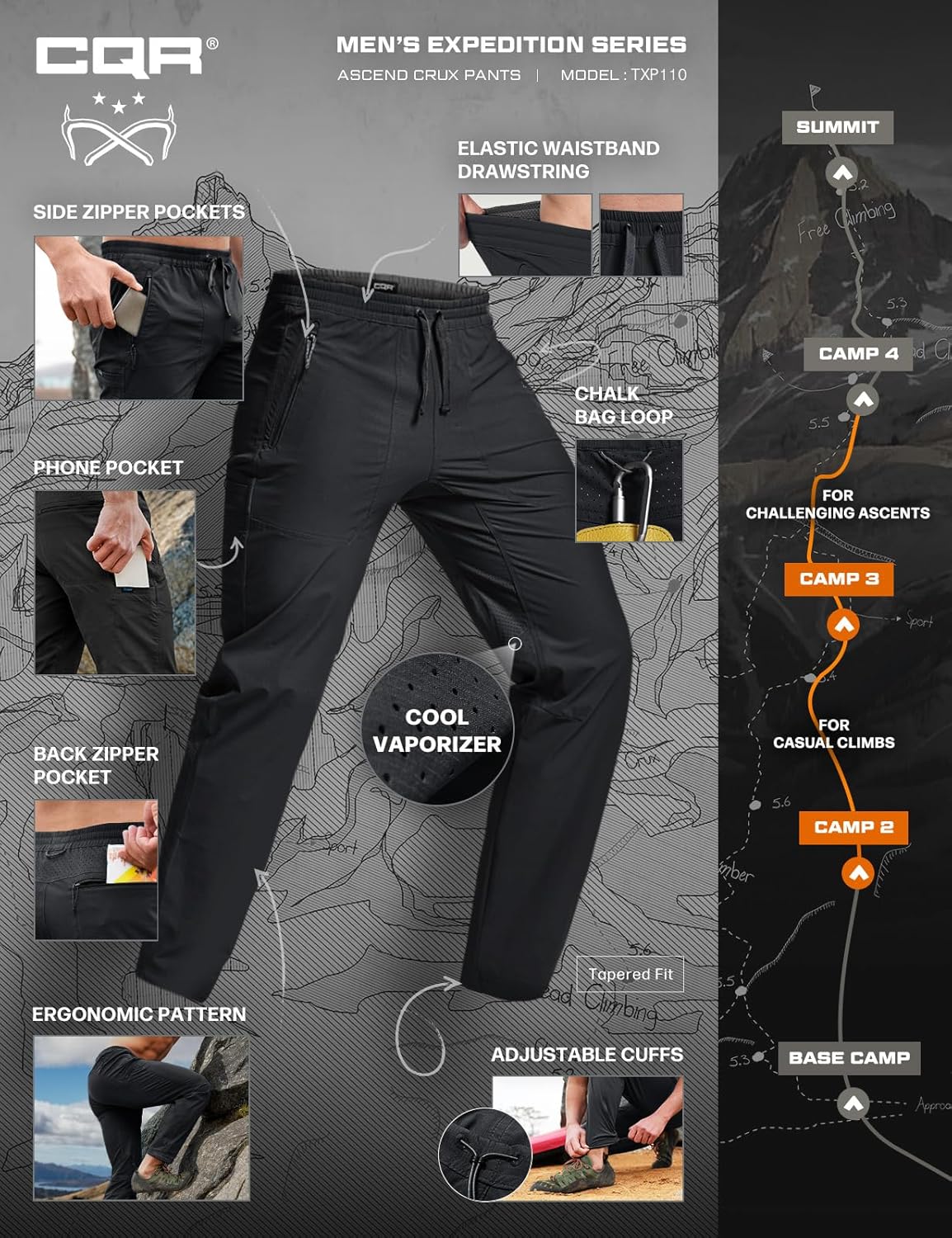 CQR Men's Lightweight Vent Hiking Pants, Water-Resistant & Breathable Sports Outdoor Athletic Pants with Elastic Waist - Image 8