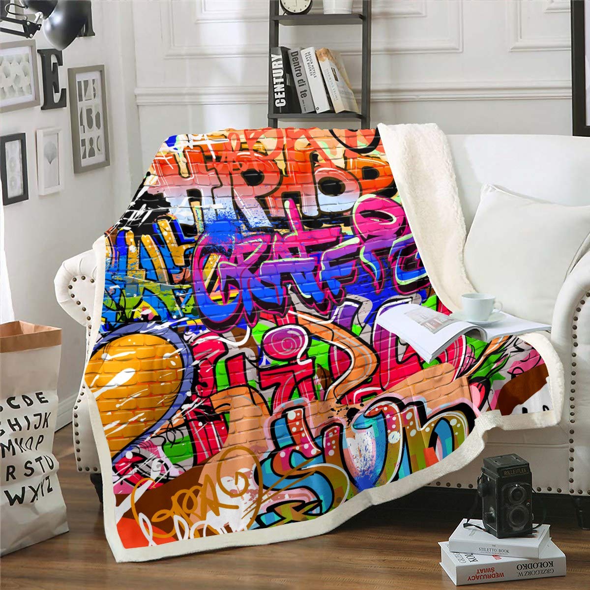 Coperta in pile sherpa con graffiti colorati da parete per bambini, ragazzi, ragazze, cultura stradale, arte astratta, coperta hipster, coperta sfocata per divano letto, letto king size 200 x 220 cm
