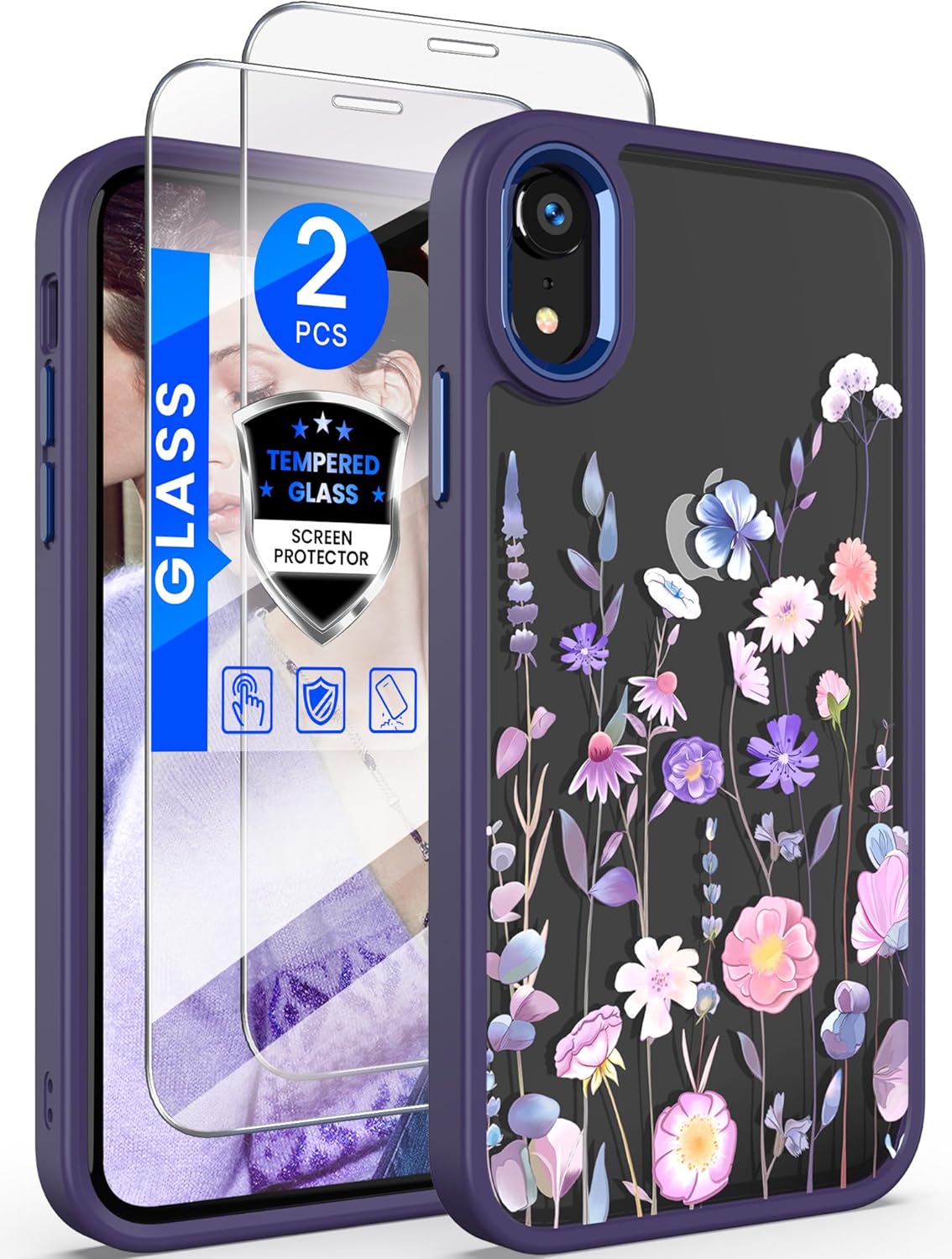 Dretal for iPhone XR Case Flower, Military Grade Drop Tested Hard Back & Soft Edge Slim Flower Women Girls Phone Protective Cover with Tempered Glass Screen Protector for iPhone XR (Deep Purple) Dretal for iPhone XR Case Flower, Military Grade Drop Tested Hard Back & Soft Edge Slim Flower Women Girls Phone Protective Cover with Tempered Glass Screen Protector for iPhone XR (Deep Purple)