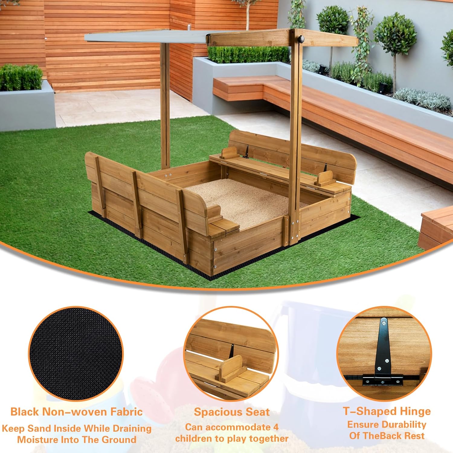 Ketive Sandbox with Cover, Wooden Sandbox with Canopy Rotatable Canopy, Adjustable Height, and UV-Resistant, 47 x 47 inch Sand Boxes for Kids Outdoor with Lid