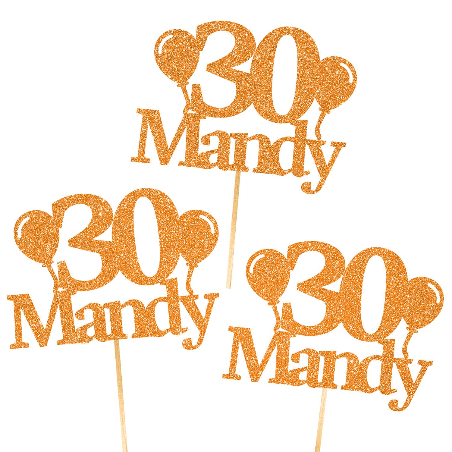 6X Personalised, Double Sided, Handmade Happy Birthday Glitter Cupcake Toppers by Cakeshop | Custom Colour Any Name & Age Balloons 480gsm Glitter Cupcake Decorations | Orange