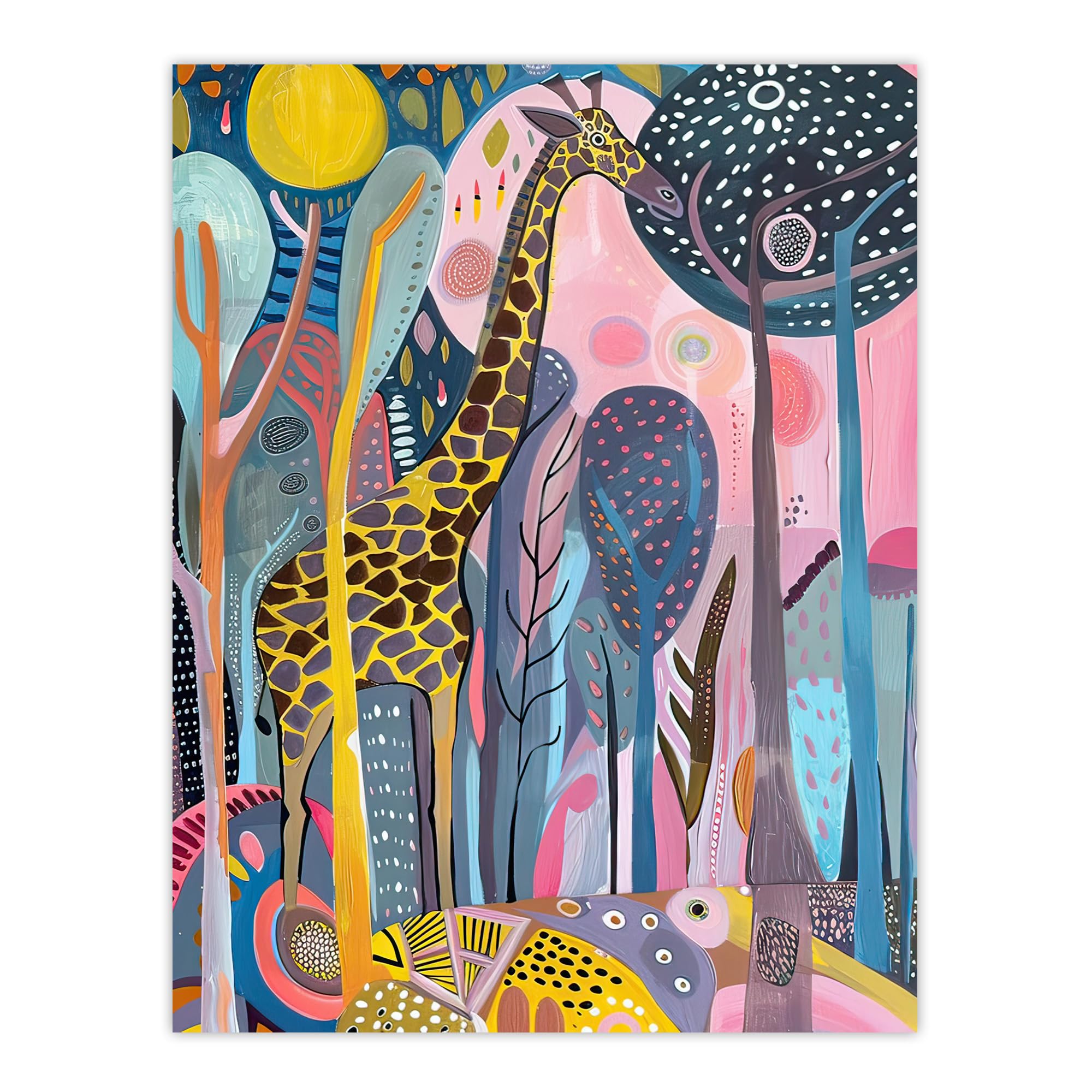 Artery8 Giraffe Folk Art Colourful Trees Painting Wall Art Print - W24 inch x H32 inch