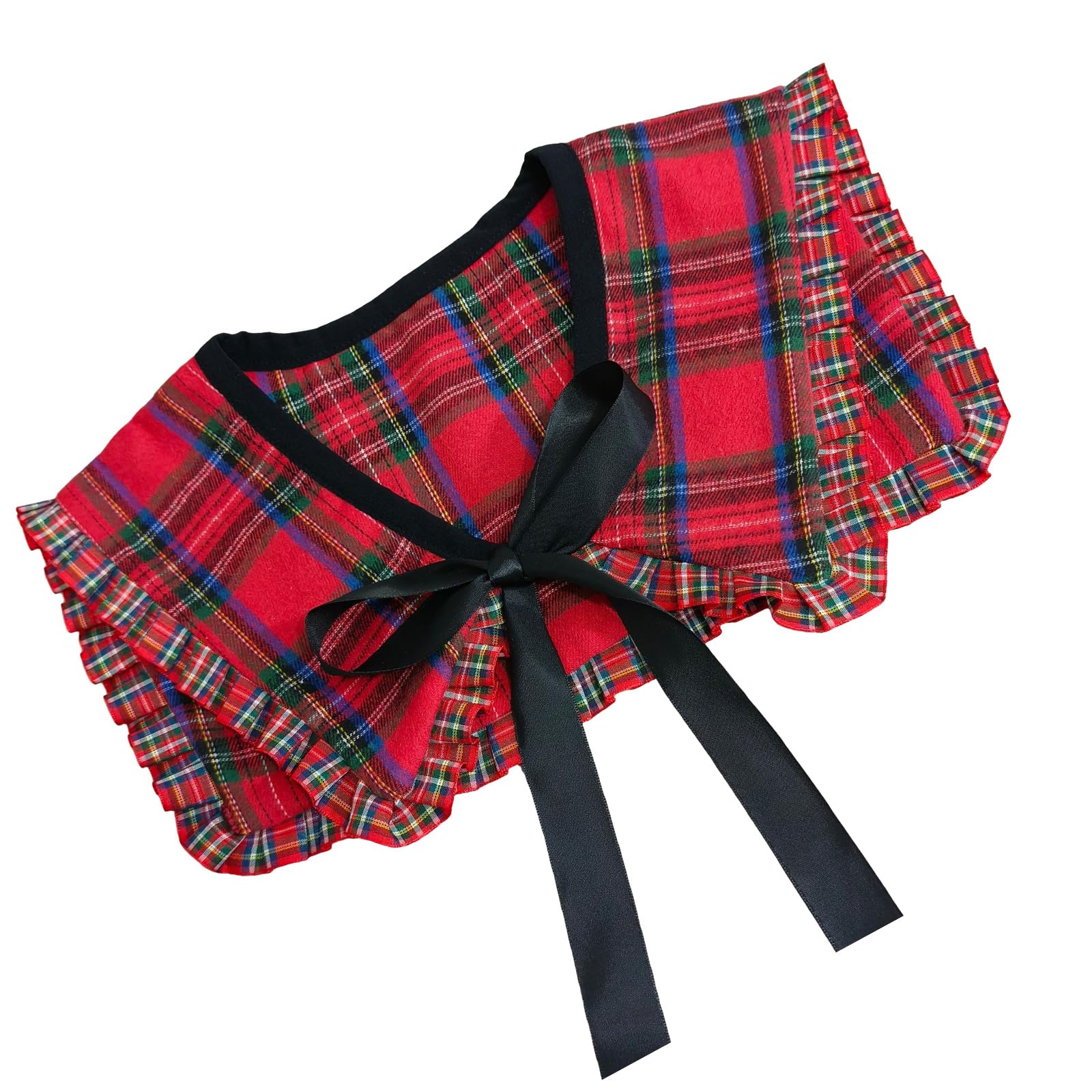 yanwuwa Women Vintage Checkered Plaids False Collar Sweet Ruffled Trim Elegant Lapel Shawl Scarf Bows Tie Small Ponchos Capelet