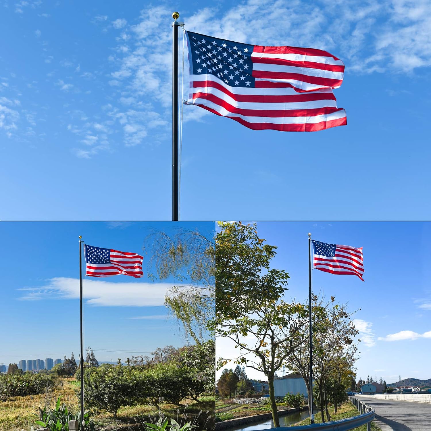 20ft Flag Pole Kit Black - Heavy Duty Residential Flagpole -Sectional Outdoor Inground Thicken Adjustable Height Aluminum Pole Outside Commercial, Golden & Silver Balls Topper, 3x5 USA Flag
