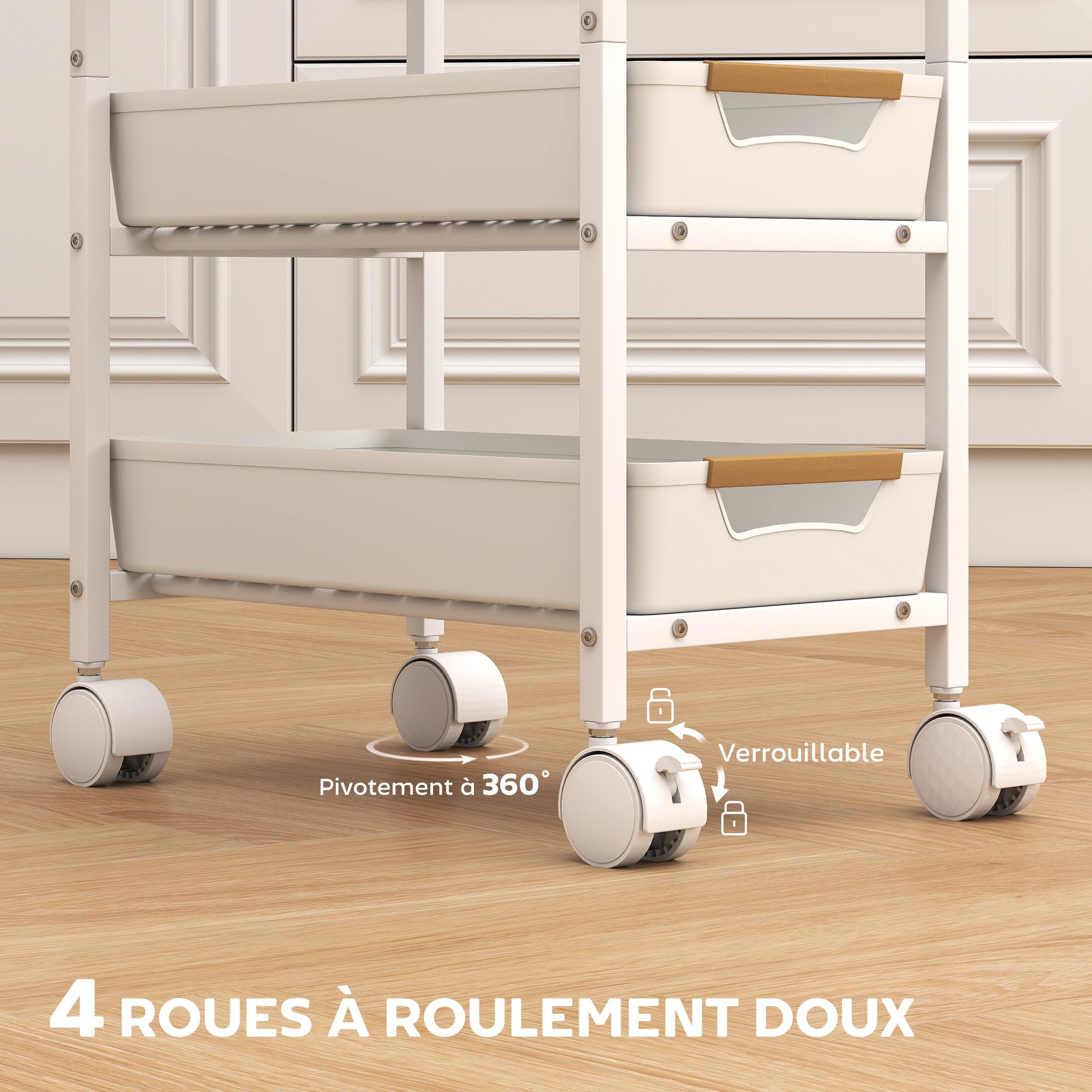 HOMCOM Desserte Cuisine 5 Niveaux, Chariot de Service, Chariot de Rangement à roulettes avec 4 tiroirs coulissants, étagère de Rangement, pour Salon, Cuisine, Salle à Manger, Salle de Bain, Blanc