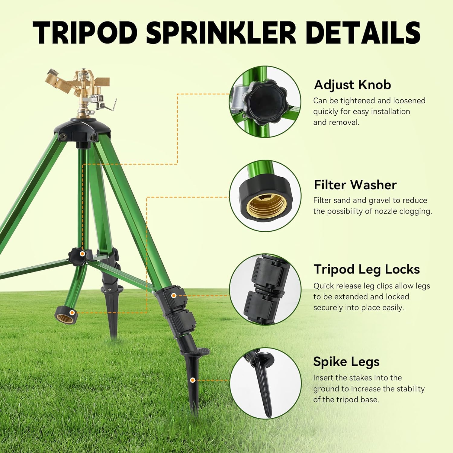 2 Pcs Sprinklers for Yard, Heavy-Duty Impact Sprinkler on Tripod Base, 360 Degree Large Area Water Sprinklers, Adjustable Height 19-37” Sprinkler for Lawn Garden