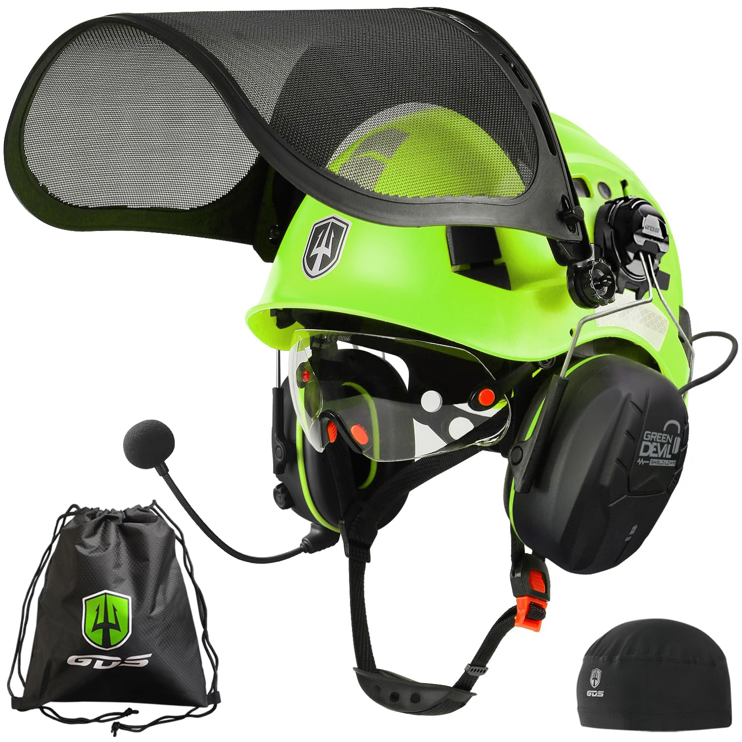 GREEN DEVIL Forestry Chainsaw Safety Helmet with Bluetooth Ear Muffs Arborist Helmet Hard Hat with Built-in Visor Mesh Face Shield 5 in 1 System
