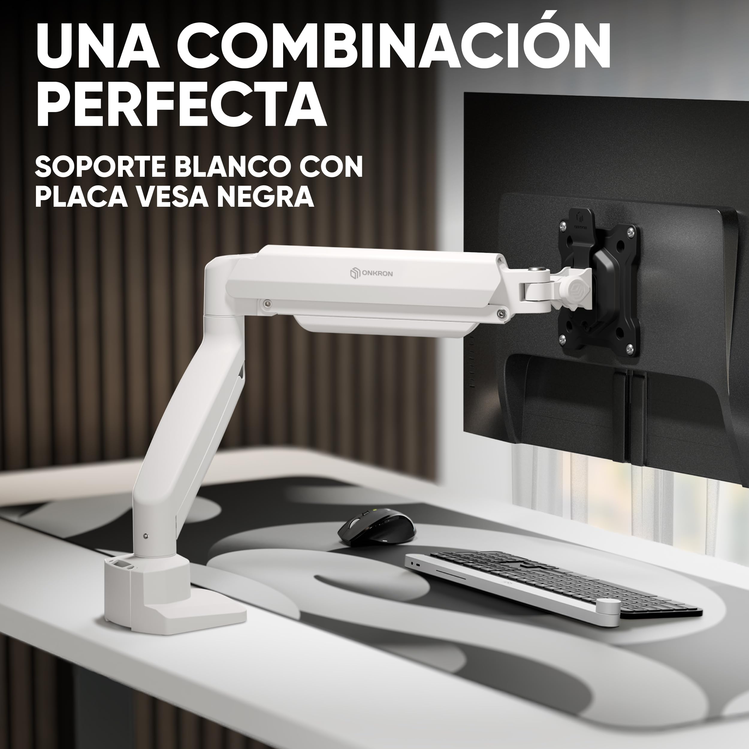 ONKRON Soporte Monitor Escritorio 13"-32", 10 kg, máx VESA 100x100, G80-BW | Brazo monitor blanco, altura ajustable, giratorio 180°, inclinable, rotación completa; para oficina y setup gaming