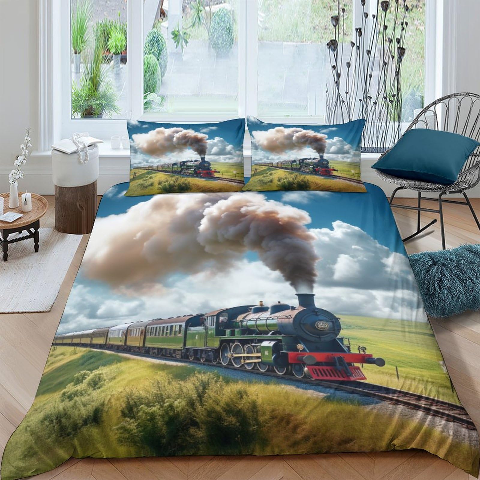 Aaharya Travelling Train 3D Duvet Cover, Bedding Sets,Ultra Soft Polycotton Steam Train Quilt Bed Set, Double（200X200cm）