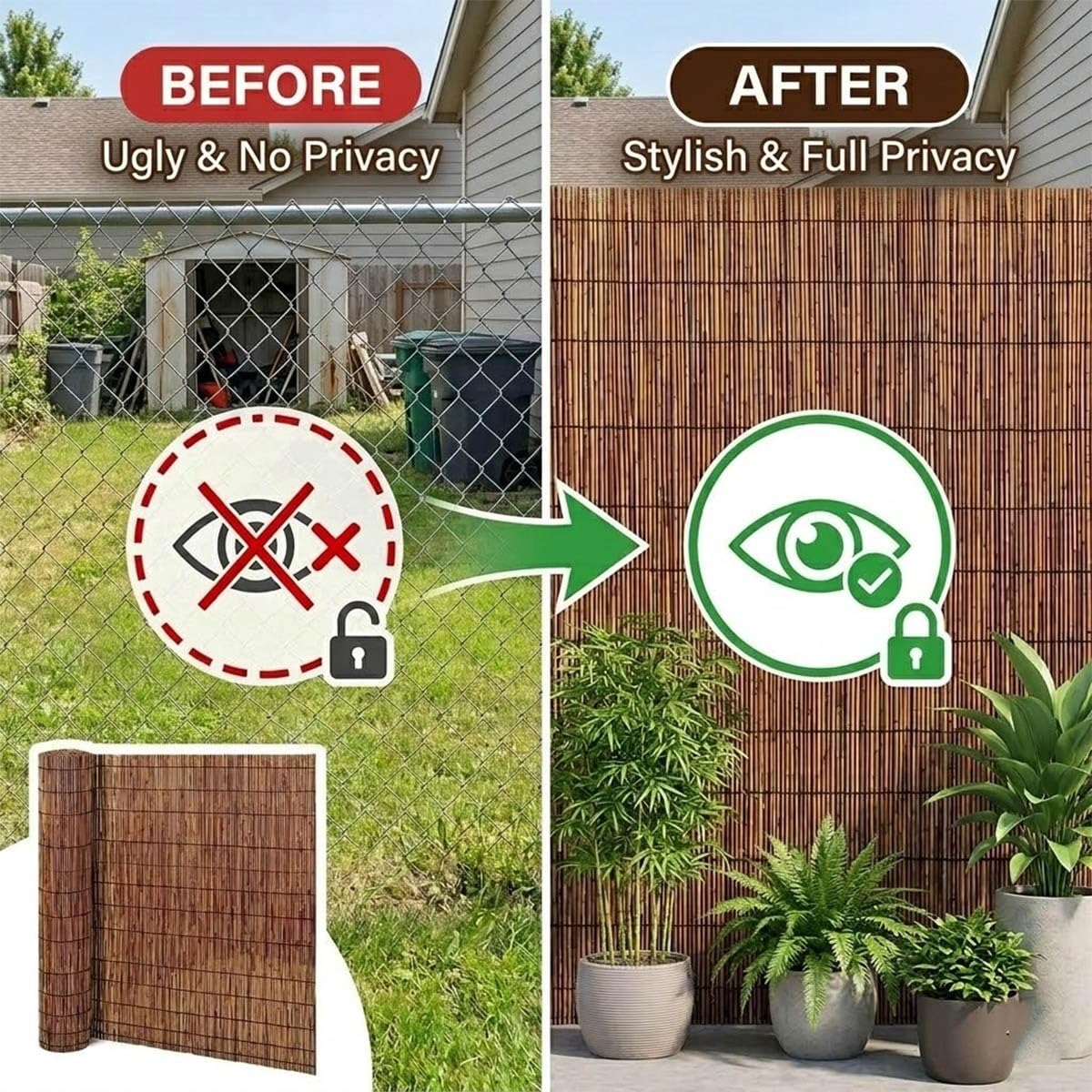 Générique Canisse en Roseau Naturel, Rouleau Canisse Bambou Roseau Naturel Brise Vue Jardin pour Grillage, Pare Vue Extérieur Découpable et Respirant, Clôture Occultante Décorative Facile à Installer