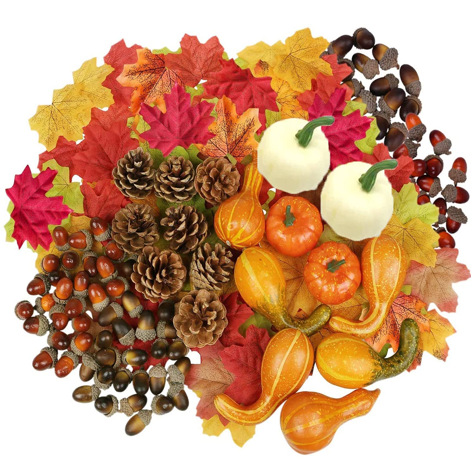 HBell Lot de 172 mini citrouilles artificielles pour Halloween, pommes de pin, feuilles d'érable, glands et décorations d'automne, pour l'automne, Noël, mariage, décoration de table