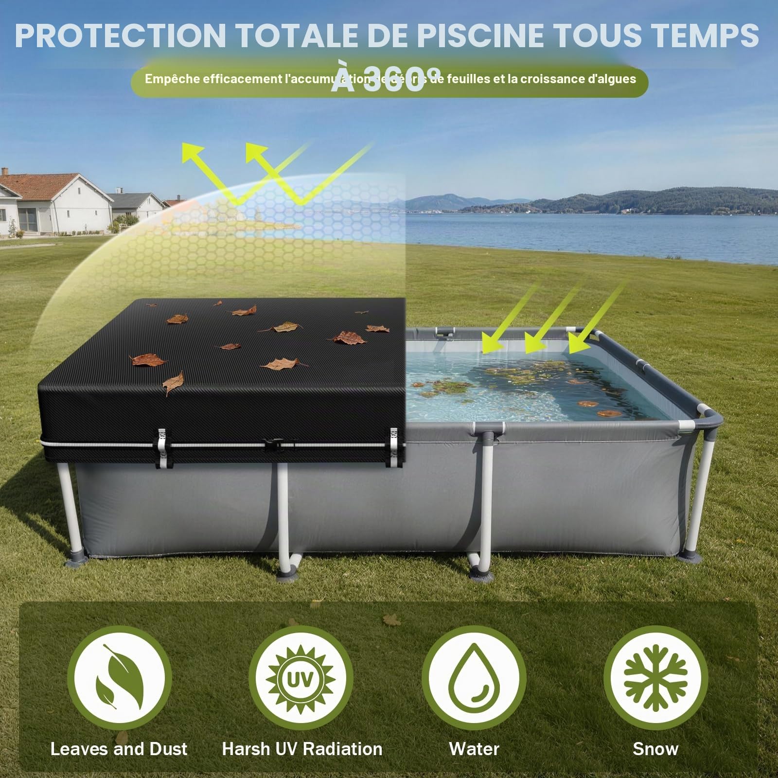 Bâche de Piscine rectangulaire 2,4 x 4,3 m pour Piscine Hors Sol, bâche Solaire avec Boucle Coupe-Vent intégrale, Housse d'hiver idéale imperméable et Anti-poussière