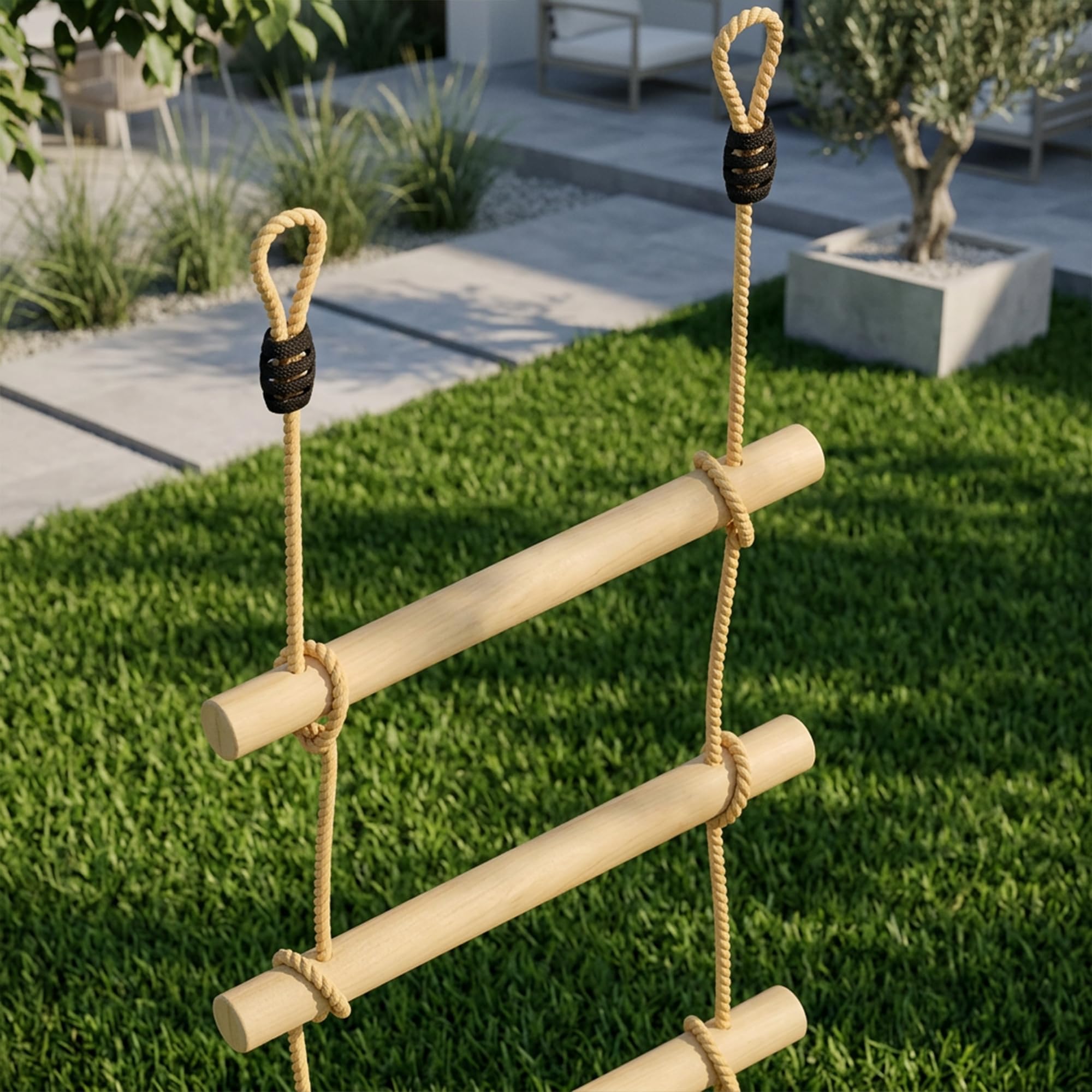 AIYAPLAY Scala di Corda 1.8m, Accessori per Altalene, Corda per Parco Giochi Esterno, Arrampicata a 5 Pioli per Bambini con 2 Moschettoni e 2 Cinghie per Alberi
