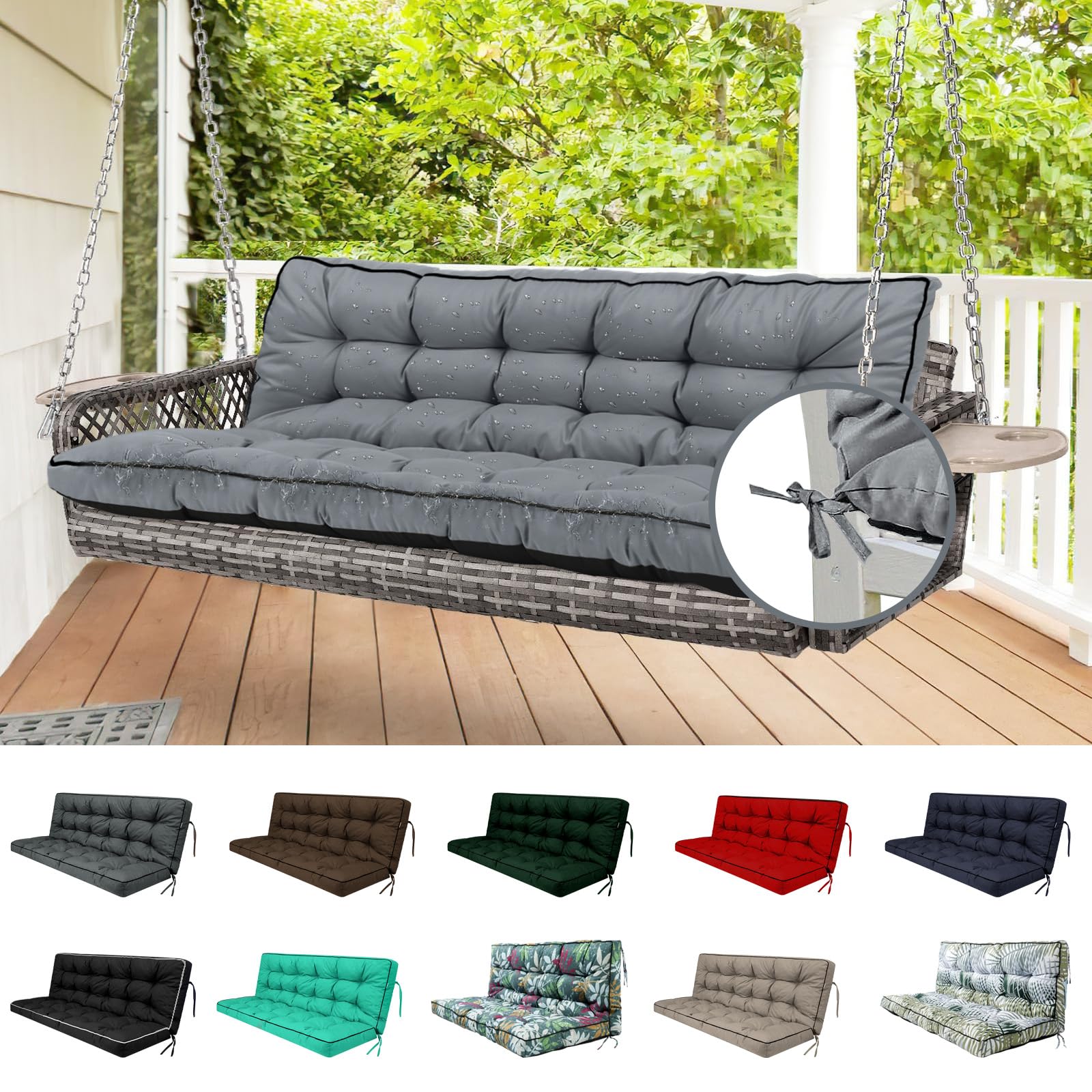 YQNUCO Outdoor Swing Cushions, Waterproof Porch Swing Cushions 3 Seater Replacement with Backrest, 4" Thicken Bench Cushion with Ties for Backyard,