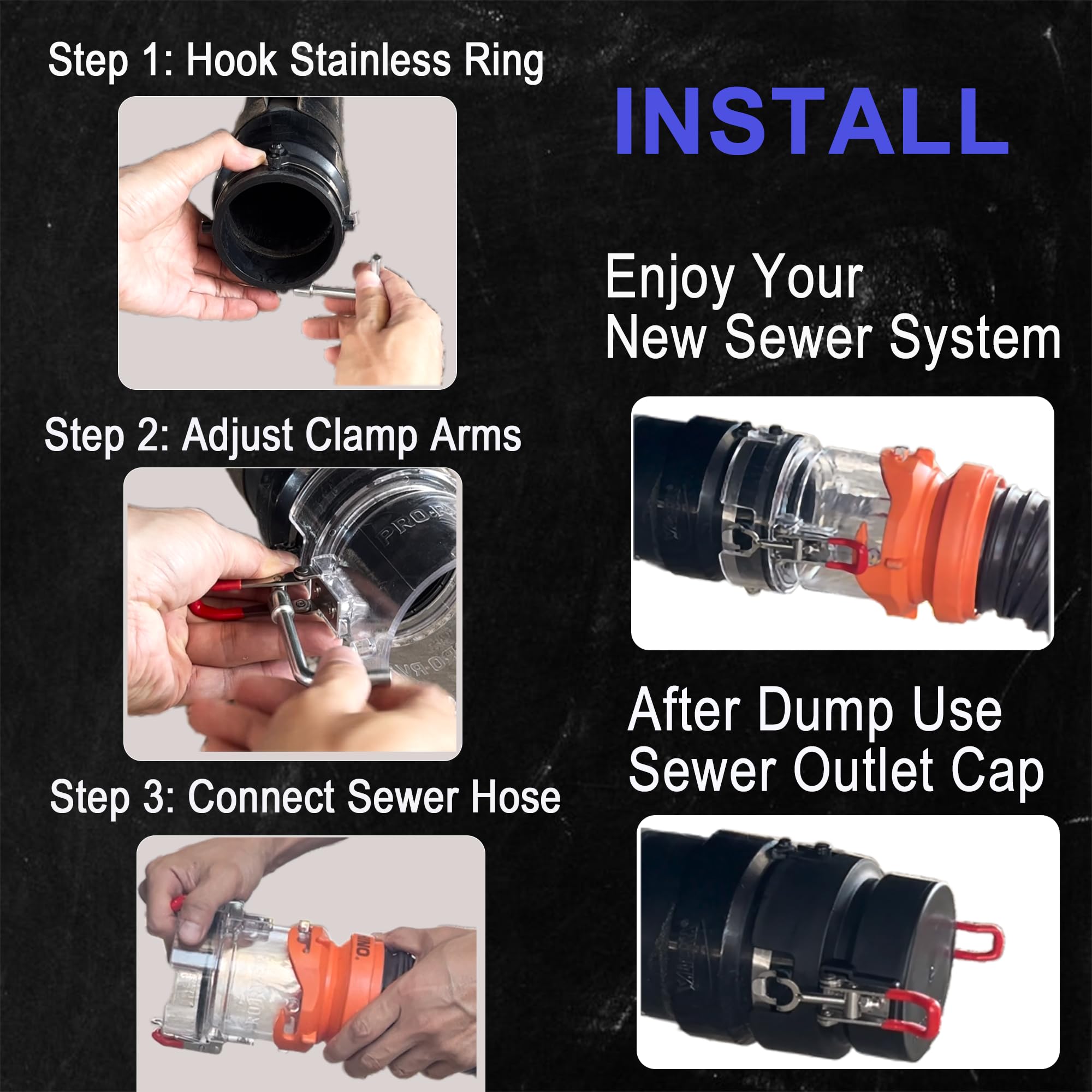 Connettore per tubo fognario RV – Sistema brevettato Push-Lock + morsetto, adattatore in acciaio inox a prova di perdite, installazione una tantum, raccordo rapido per tubo di scarico RV