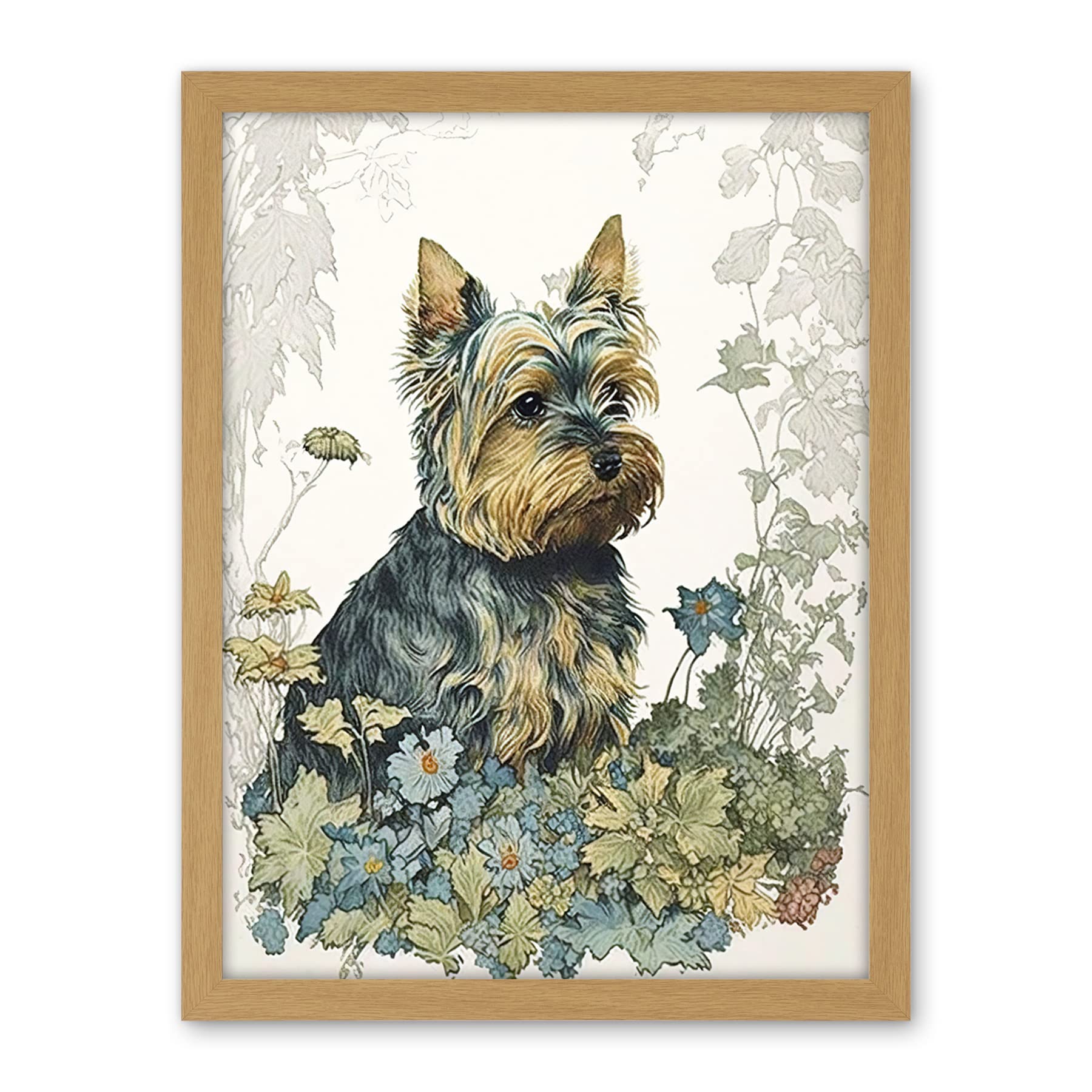 Artery8 Yorkshire Terrier Dog in Wildflowers Watercolour Illustration Artwork Framed Wall Art Print 18X24 Inch