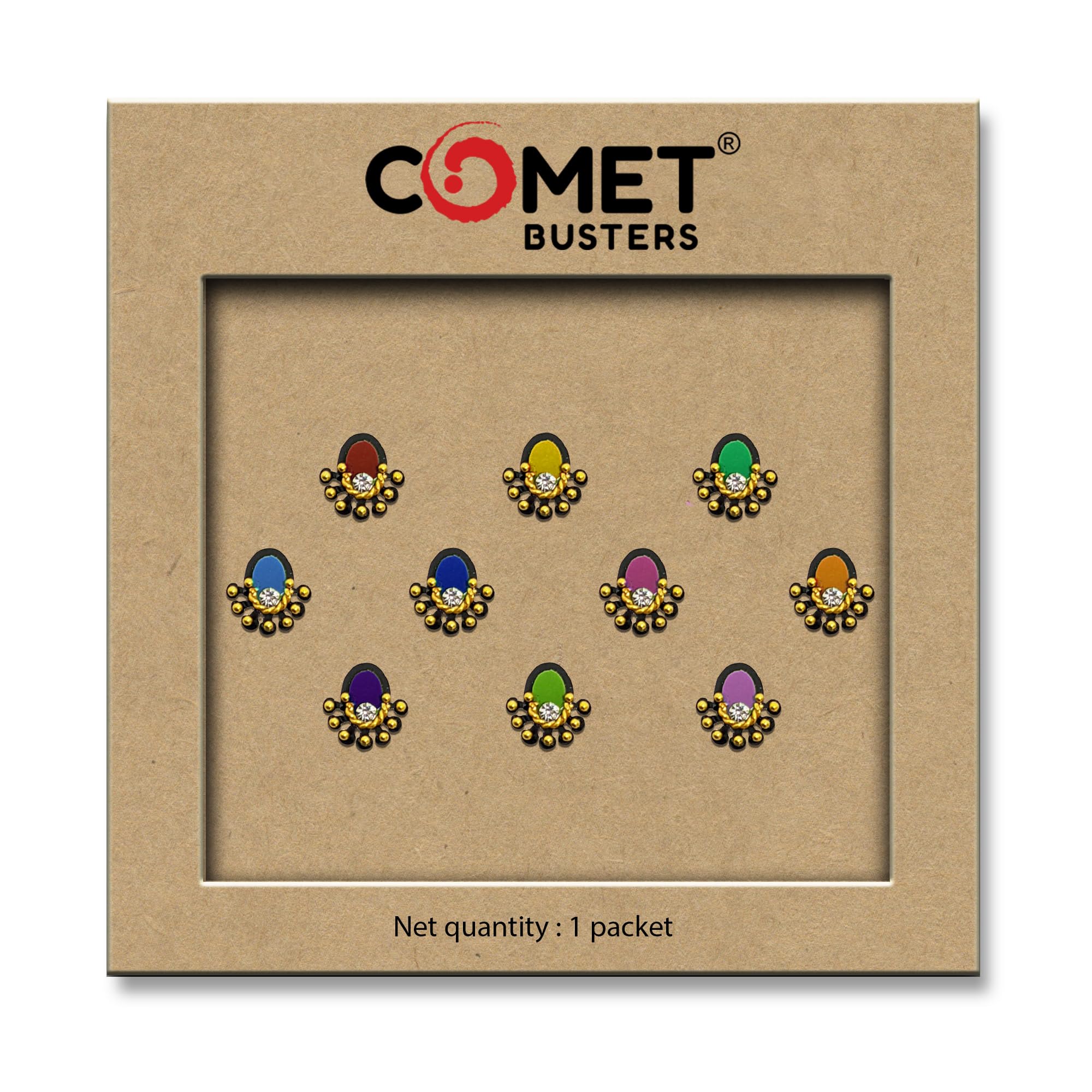 comet busters fancy oval multicolor bindi with gold beads (bin1525)(7mm)
