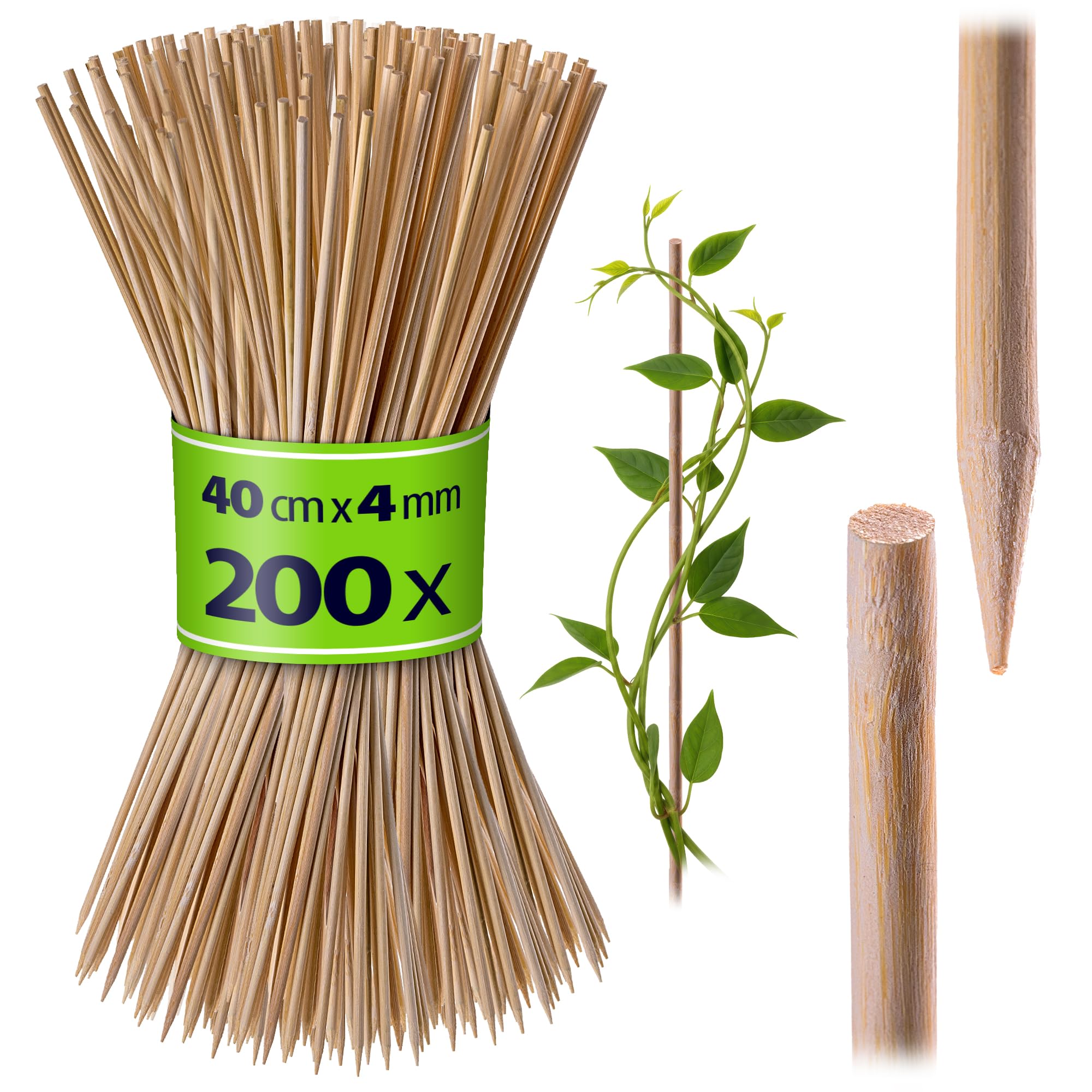 KADAX Bambusstäbe 40cm x 4mm, 200er Set, Pflanzstäbe aus Bambus, Holzstäbe als Pflanzenstütze für Setzlinge, Blumenstäbe, Rankhilfe für Pflanzen, Rankstäbe (Natur)