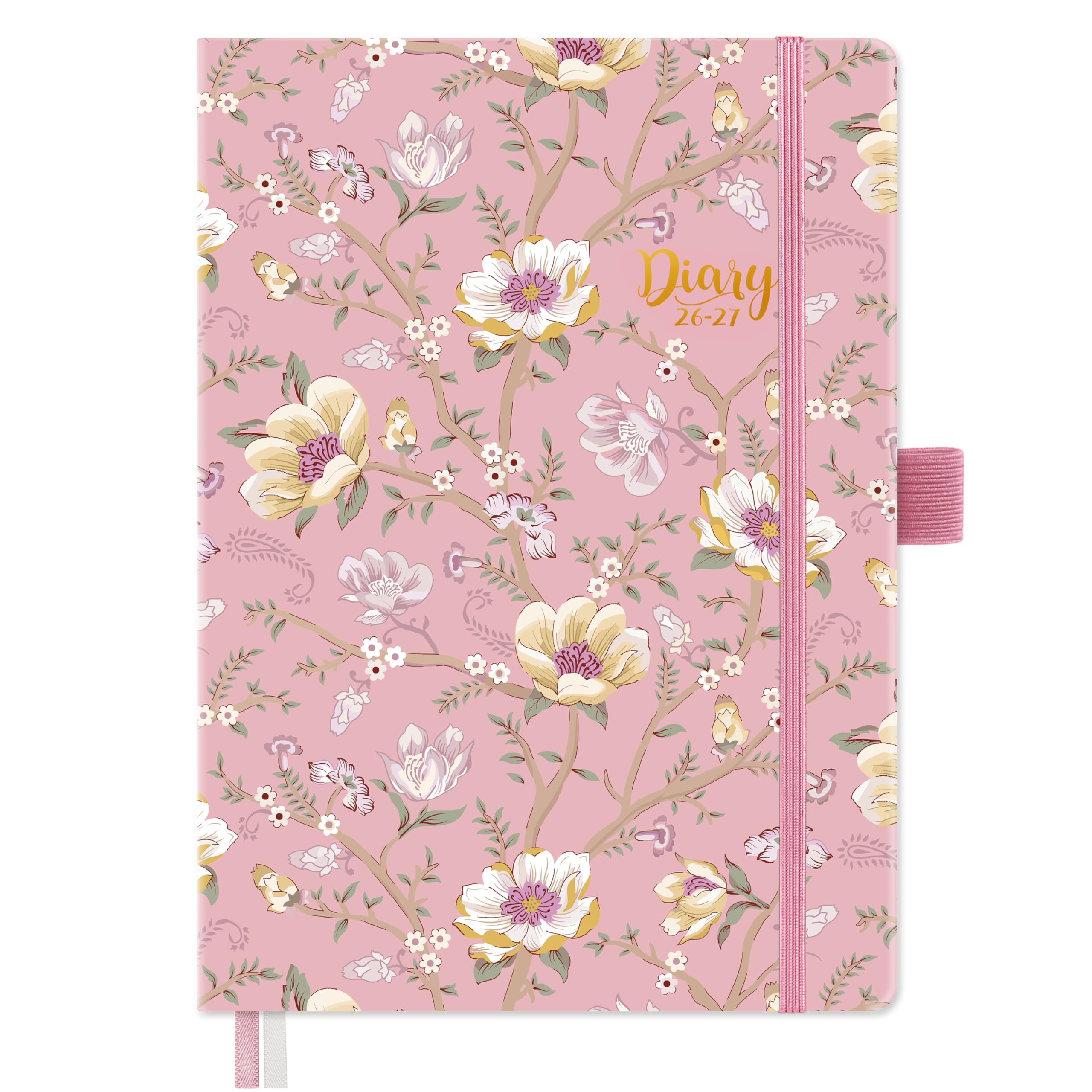 Academic Diary 2026-2027 - Diary 2026-2027 A5 Week to View from August 2026 to July 2027, with Pen Holder, Inner Pock, Elastic closure, pink