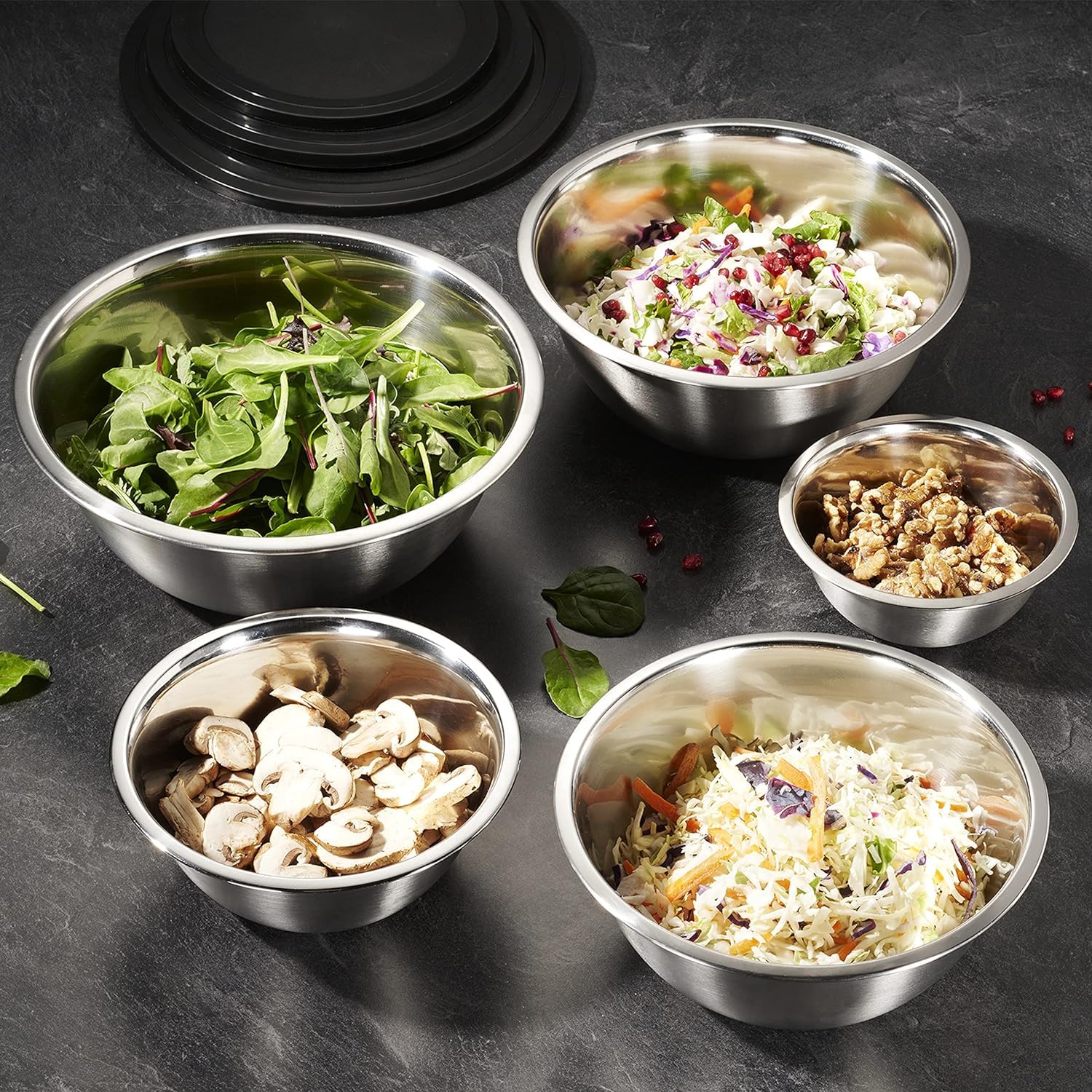 Juego de 5 cuencos de acero inoxidable para mezclar, cuencos de cocina de metal multiusos para hornear, preparar, cocinar y servir alimentos, ensaladas, verduras, tamaños 0.7, 1.5, 2, 3, 4.5