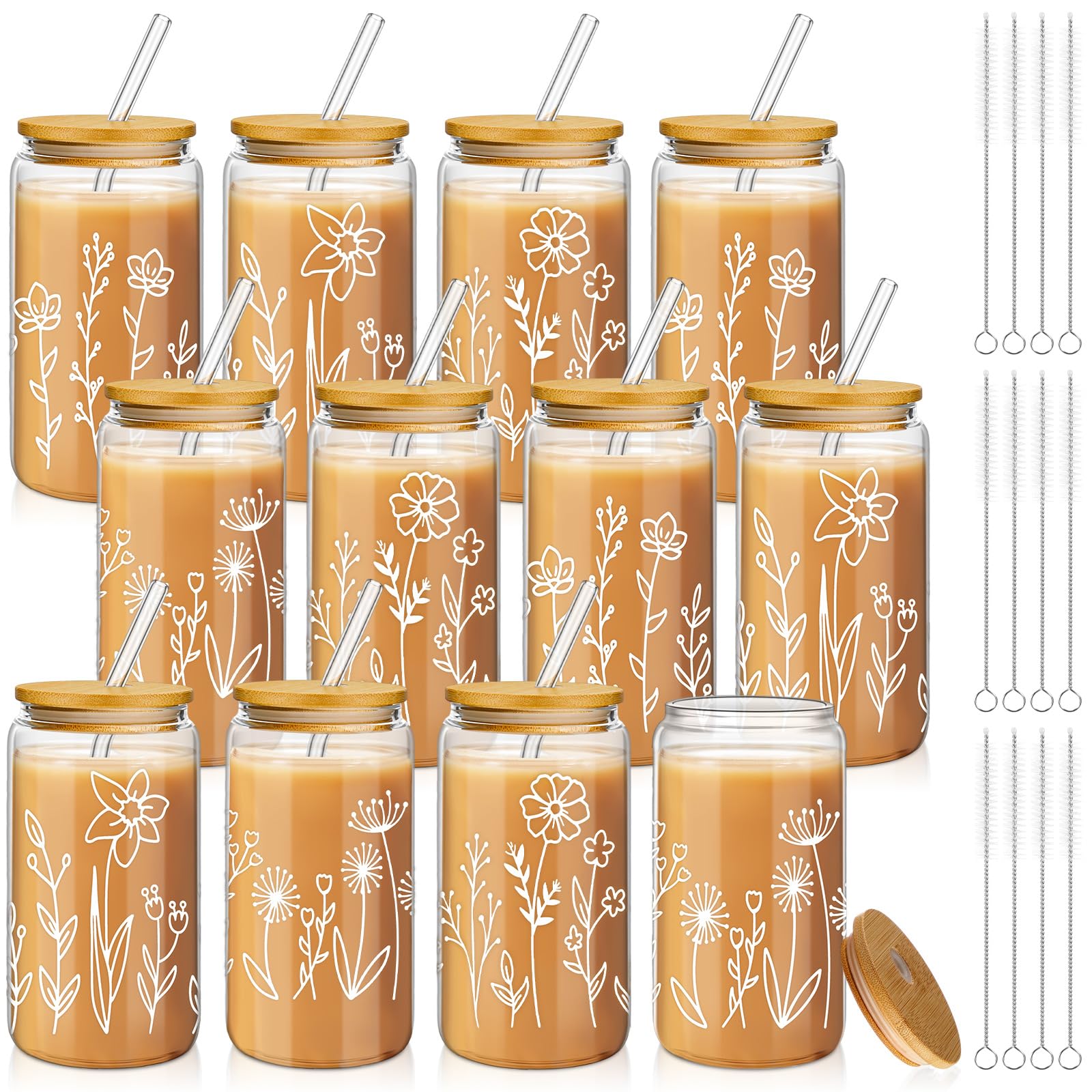 Mumufy 12 Pack Wedding Glass Tumblers Boho Floral 16oz Iced Coffee Cups with Bamboo Lids and Straws Elegant Bridal Shower and Bridesmaid Gifts