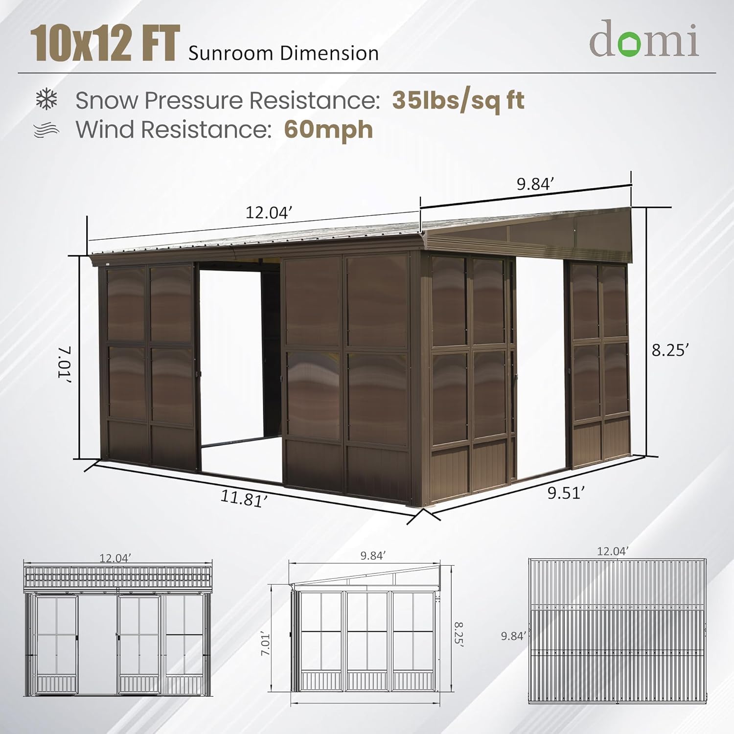 Domi 10x12FT Wall Mounted Sunroom, Against Wall Solarium with Galvanized Steel Sloping Roof, Detachable PVC Screen, Lockable Sliding Door, Lean-to Gazebo Sun Room for Patio Deck
