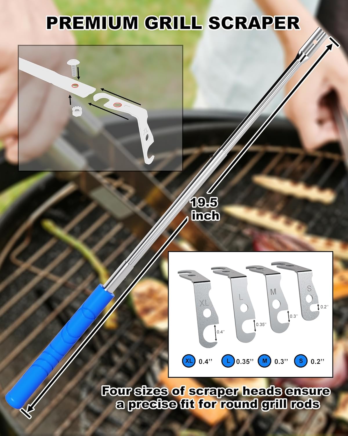 Premium Grill Cleaning Tool - 19.5 Inch Grill Grate Scraper for Outdoor Grills with Round Grates - Outdoor Scraping BBQ Tool Bristle Free, Safe and Cleaning the Top and Bottom of Grates