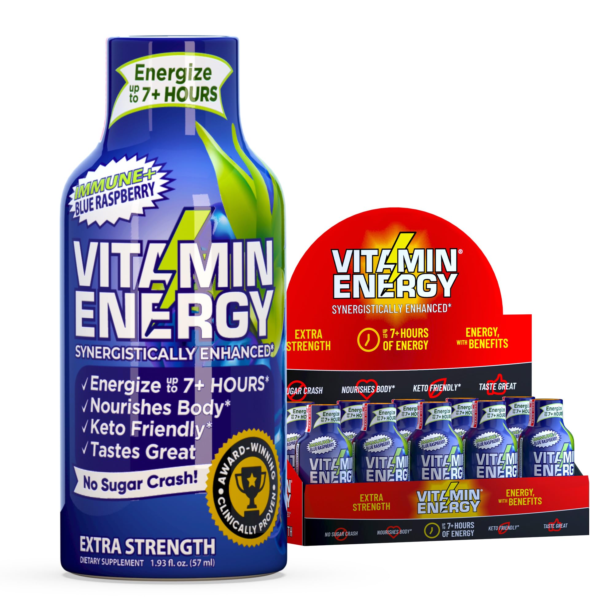 Vitamin Energy Immune+ Extra Strength Energy Shot Blue Raspberry 10 Pack, 260mg Natural Caffeine, B-Vitamins, Citicoline, Green Tea, Immunity & Focus