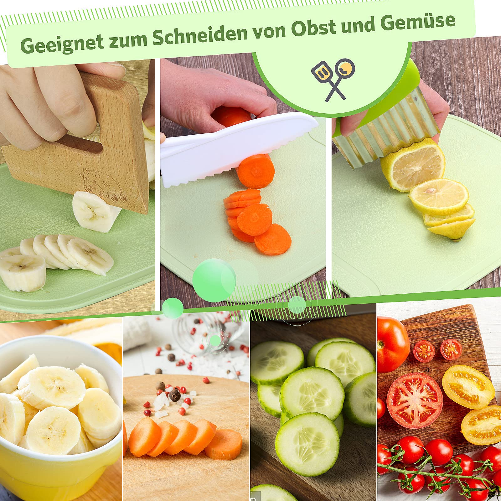 Goodchef Set di coltelli da cucina per bambini, 8 pezzi, per tagliare e cucinare frutta o verdura per bambini, con coltello in legno