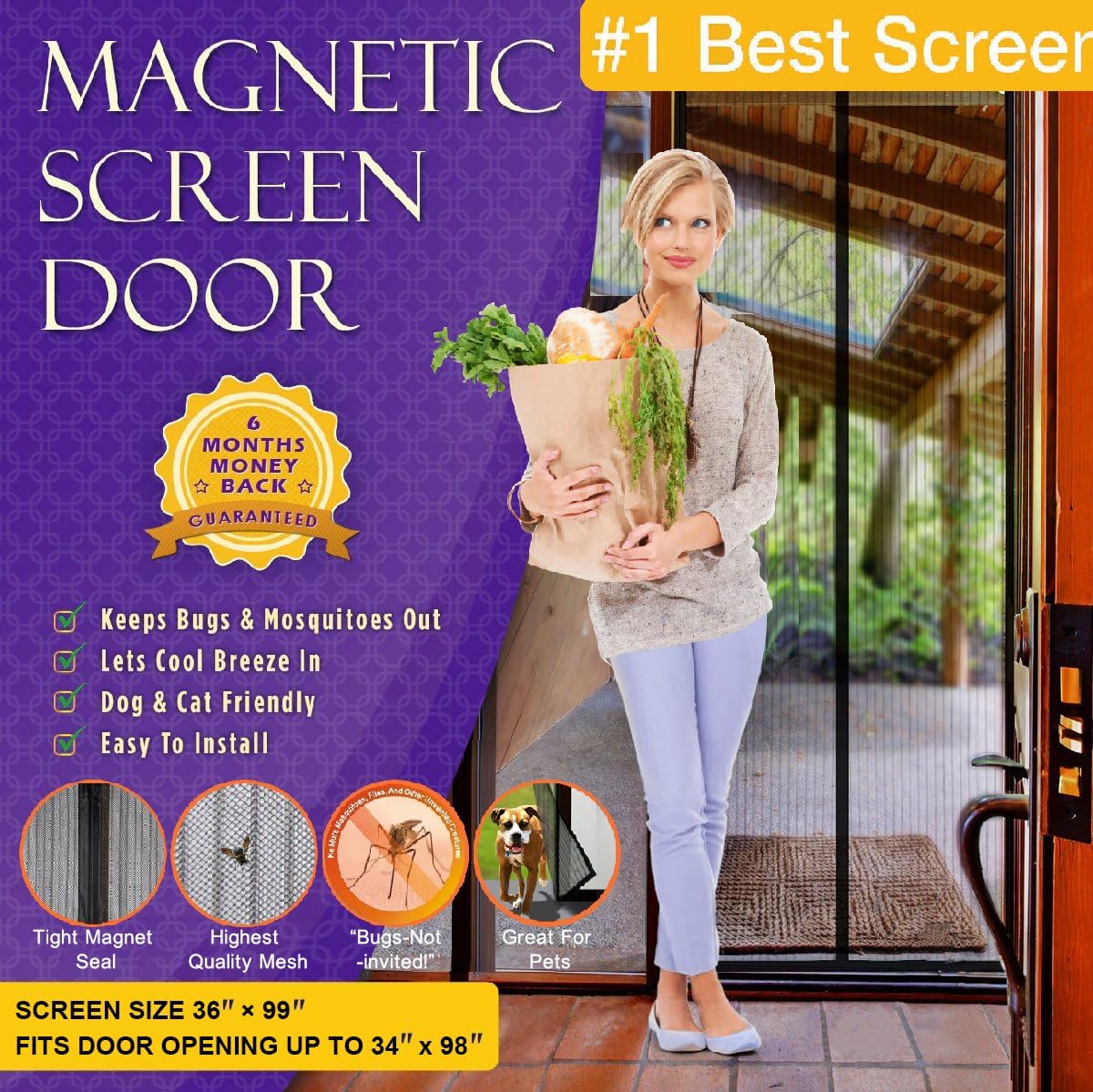 Heart sea art Magnetic Screen Door, Mesh Curtain - Keeps Bugs & Mosquitoes Out, Lets Cool Breeze in - Screen Size 36'' x 99'' - Fits Doors UP TO 34" x 98" MAX