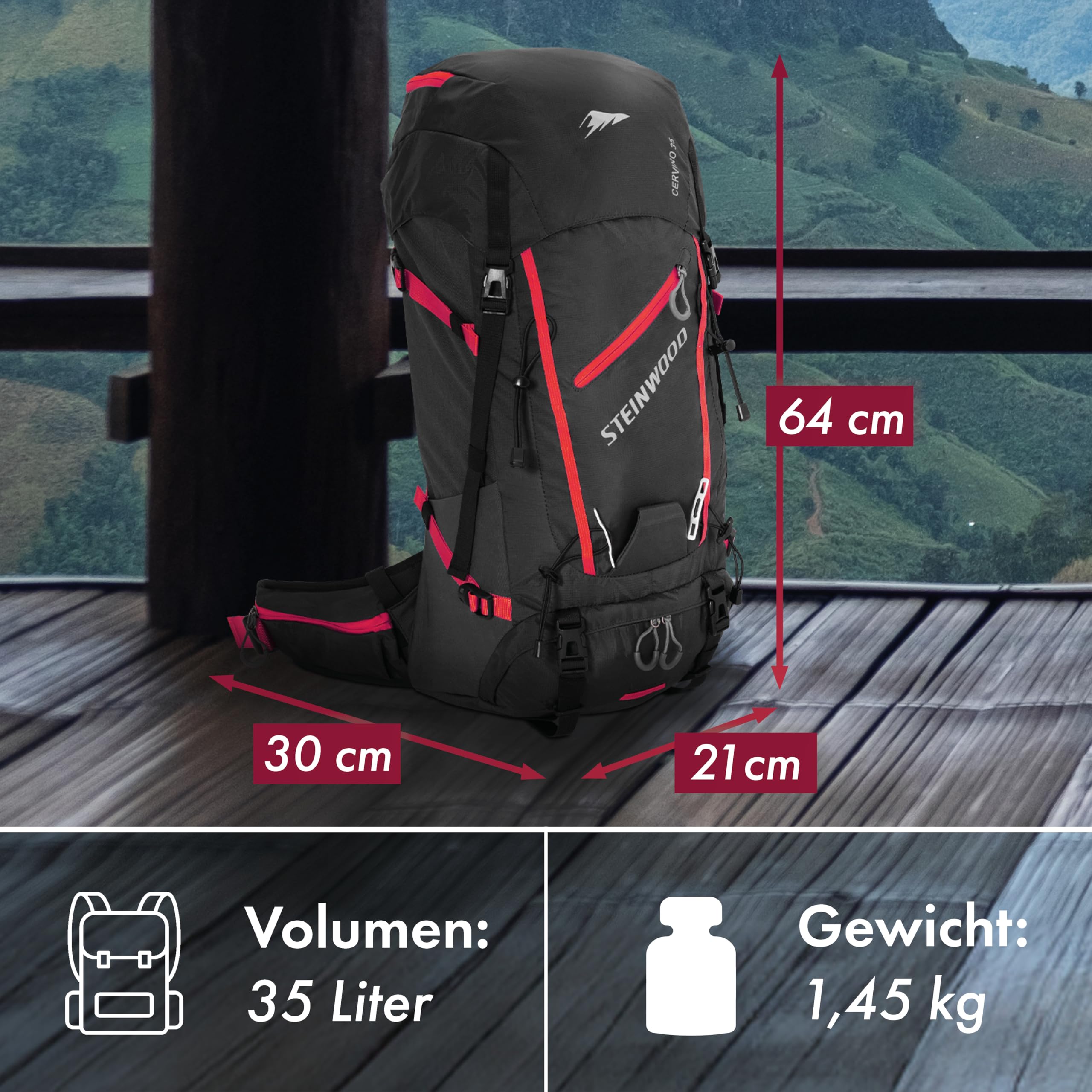 Steinwood Wanderrucksack Herren & Damen 35L - Outdoor-Rucksack, Reiserucksack, Tagesrucksack wasserabweisend mit Regenschutz und Rückenbelüftung, schwarz