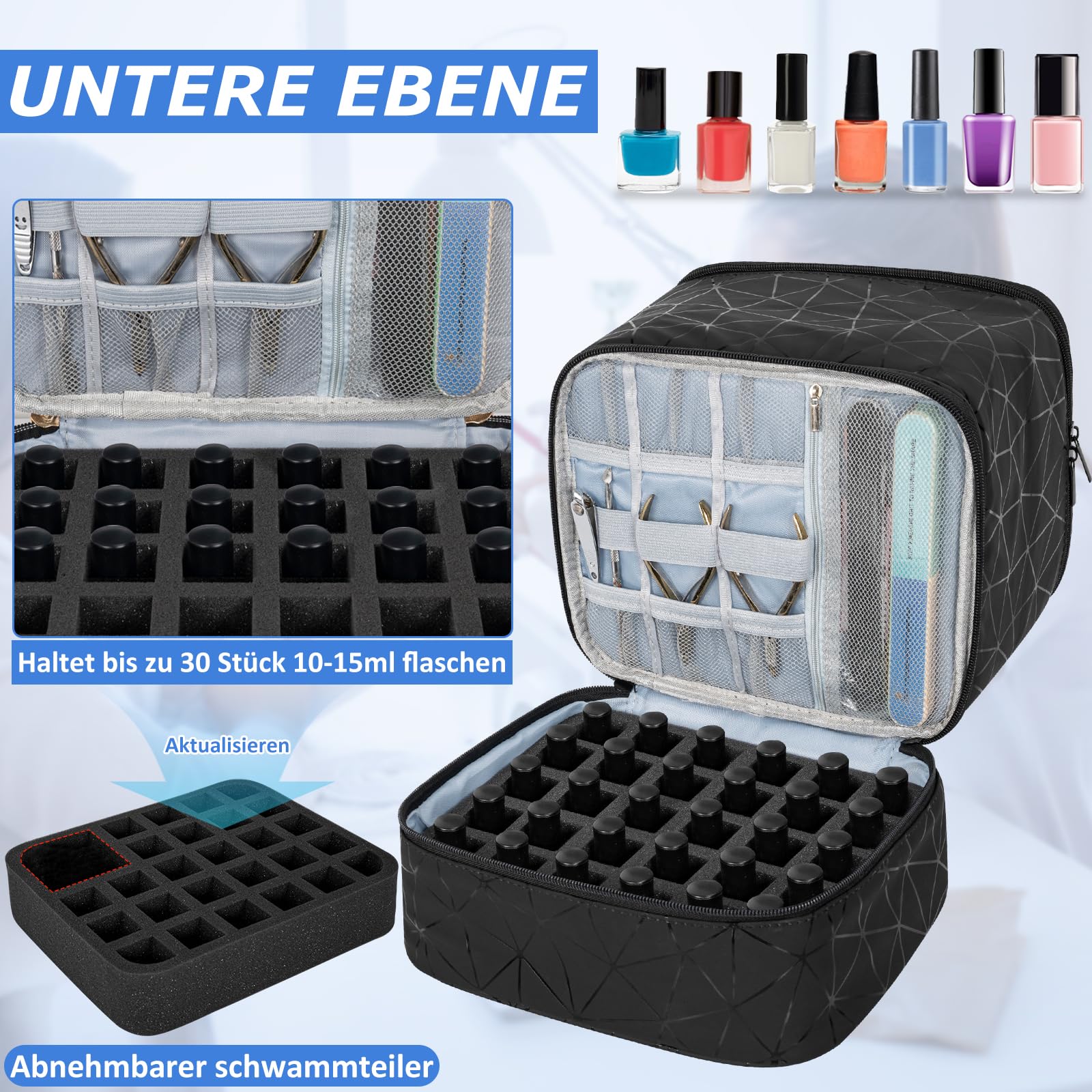 OUUTMEE Dwuwarstwowa torba na lakier do paznokci na 30 butelek, walizka do nail art, przenośna torba do przechowywania lakieru do paznokci, nadaje się do przechowywania produktów do pielęgnacji