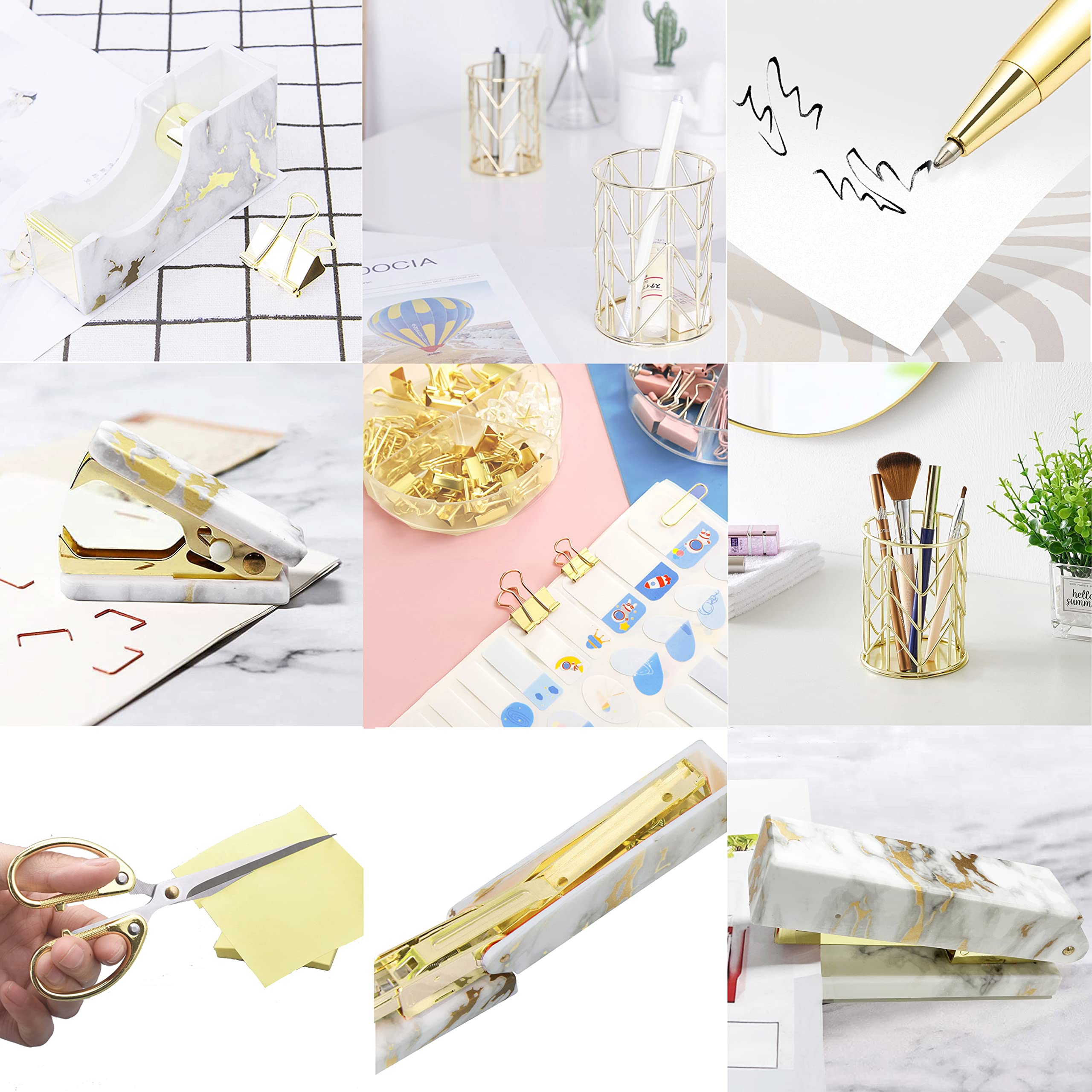 Gold Marble Schreibtisch Zubehör, Bürobedarf Set Heftklammerentferner, Klebebandhalter, Stifthalter, 2 Kugelschreiber, Schere, Binder Clips, Büroklammern und 1000 Stück Heftklammern.