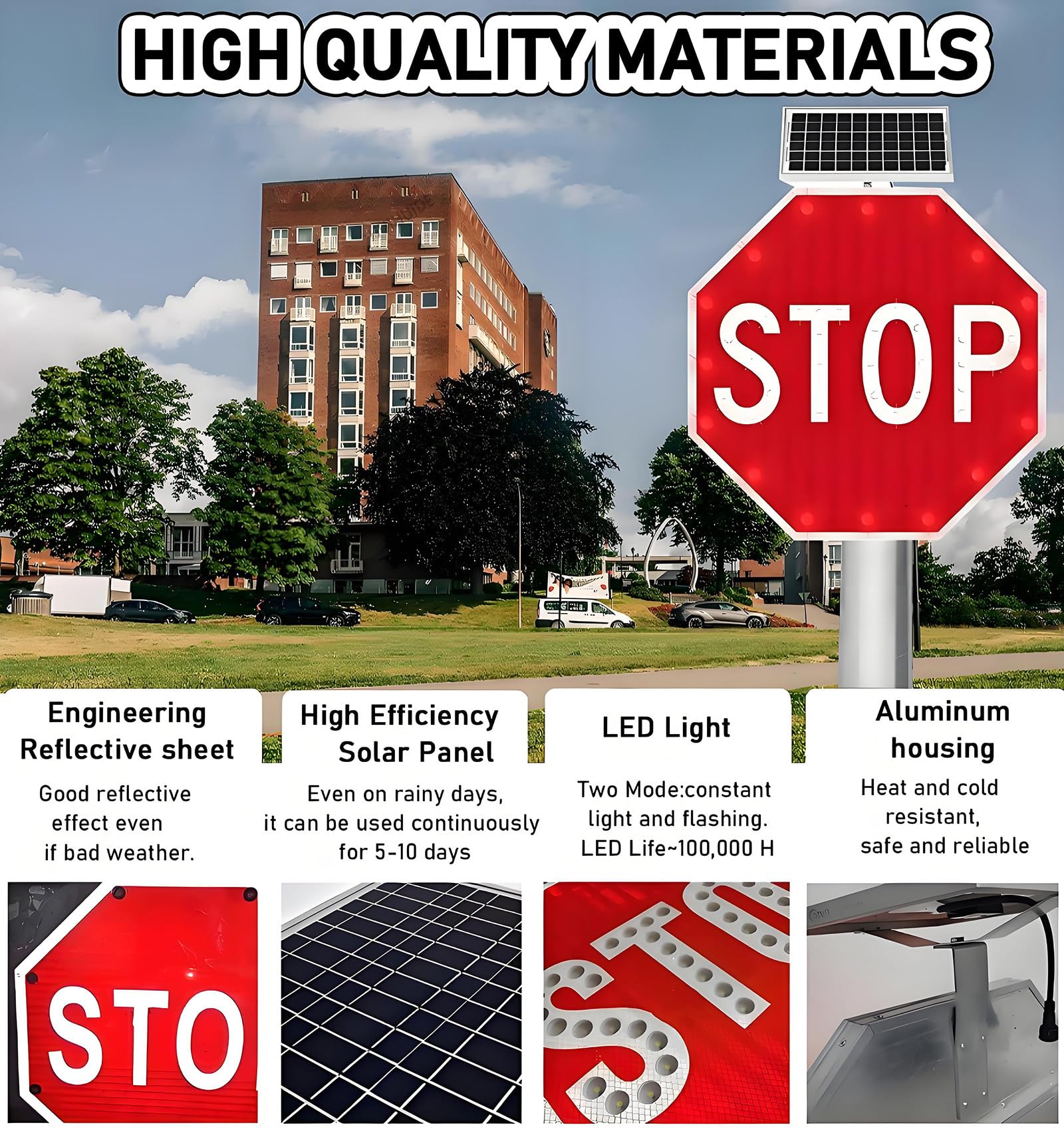 Señal De Alto Solar, Señales De Tráfico De Aluminio, Señales De Advertencia LED Intermitentes Para Calle, Película Reflectante De Grado Industrial (60Cm/80Cm), Señales De Alto Intermitentes 80cm(32in)