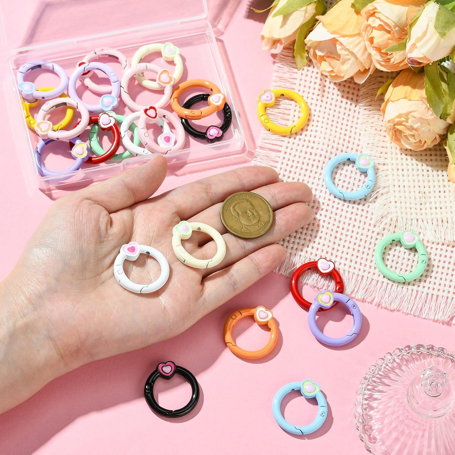 Stiesy 24 Pcs 12 Colors Spring O Ring Clip Baking Paint Alloy Inner 18mm Round Spring Ring Clasp with Heart Enamel DIY Accessories Round Ends Clasps for Keychains Bag Purse Handbag - Image 4