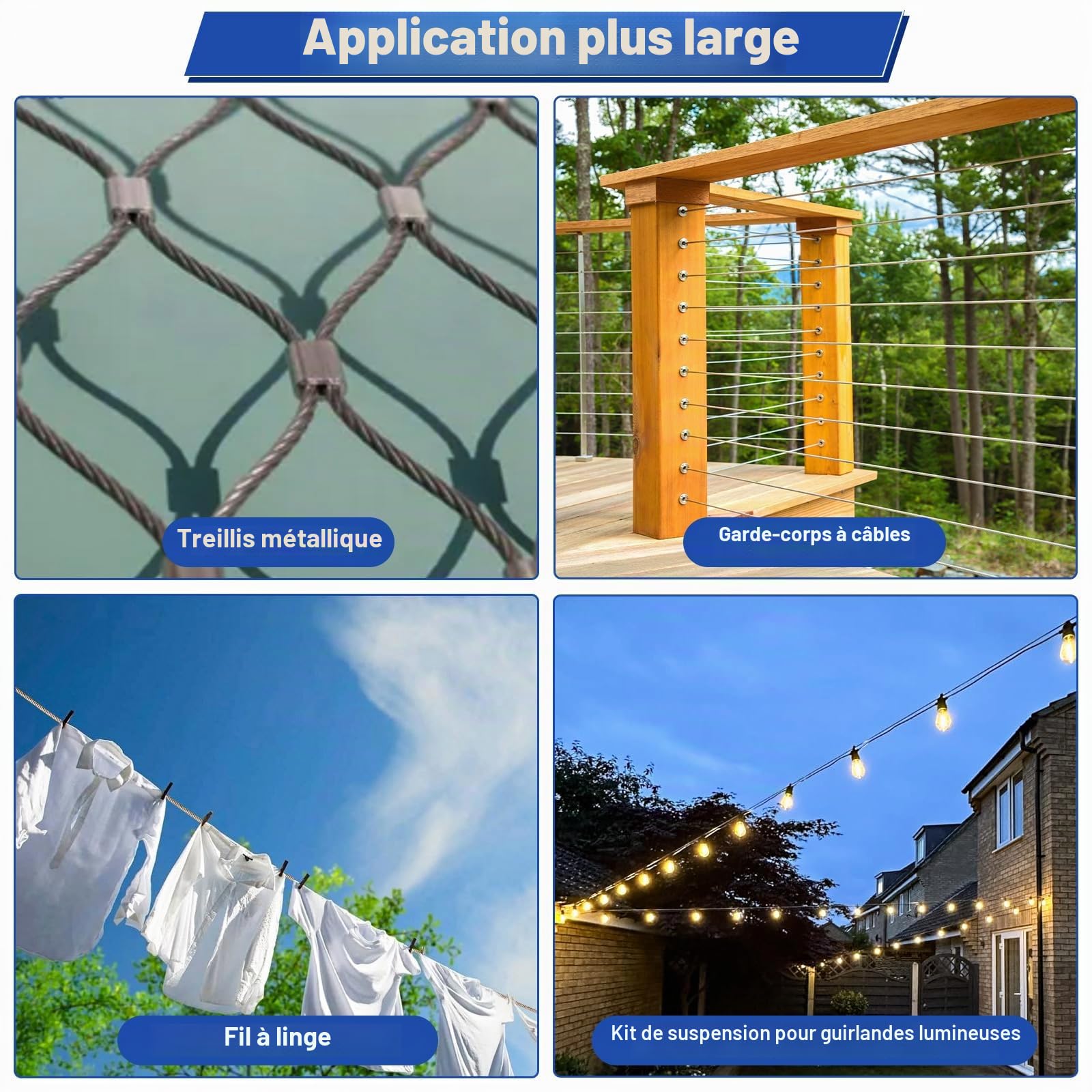 TooTaci 3mm Câble Métallique 60M Câble en Acier Inoxydable avec M5 Tendeurs de Fil pour Rambarde, Garde-Corps, Étendoir à Linge, Guirlandes Lumineuses Extérieures