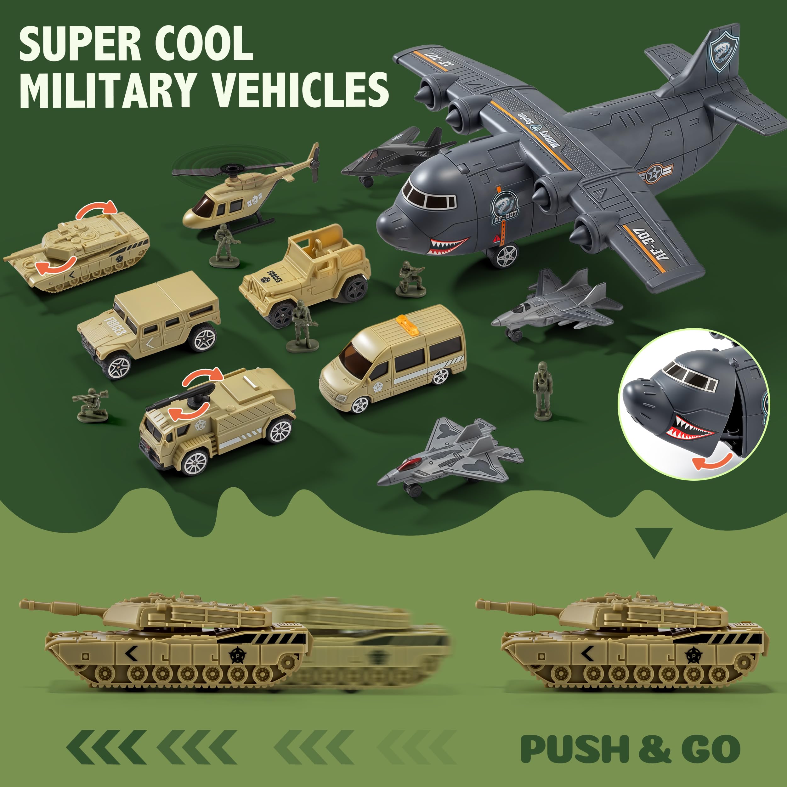 Juego de pista de carreras de juguete de base militar con avión, tanques, autos, helicópteros, aviones de combate, figuras de acción del ejército y alfombra de juego, juguetes de vehículos del 5