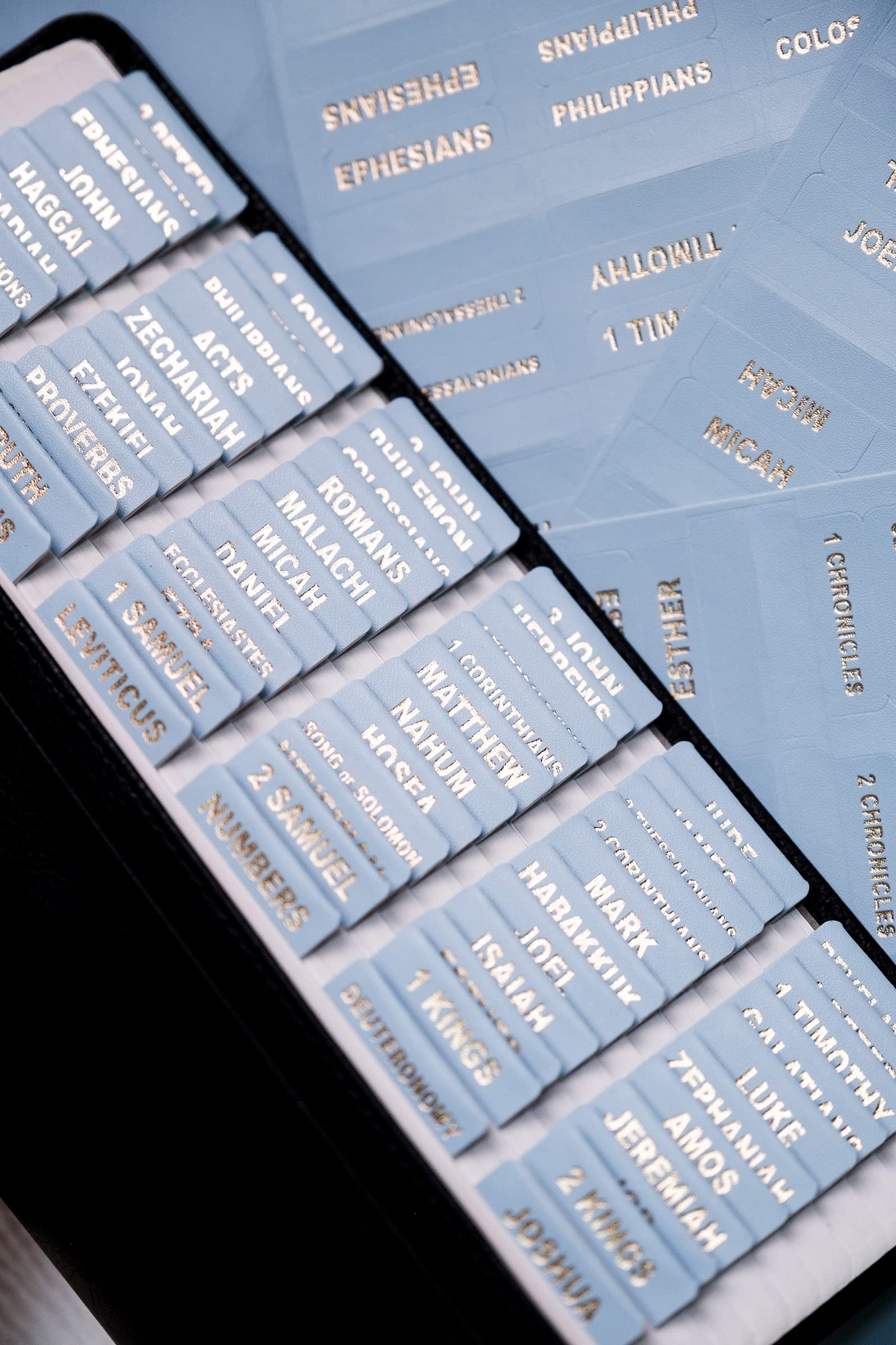 UPAFEXXI-Leather Bible Tabs, Bible Tabs for Women and Men(Gold Foil Lettering) Large Print Stickers, Easy to Read and Apply, 80 Chapters Labels for Easy Navigation(Sky Blue)