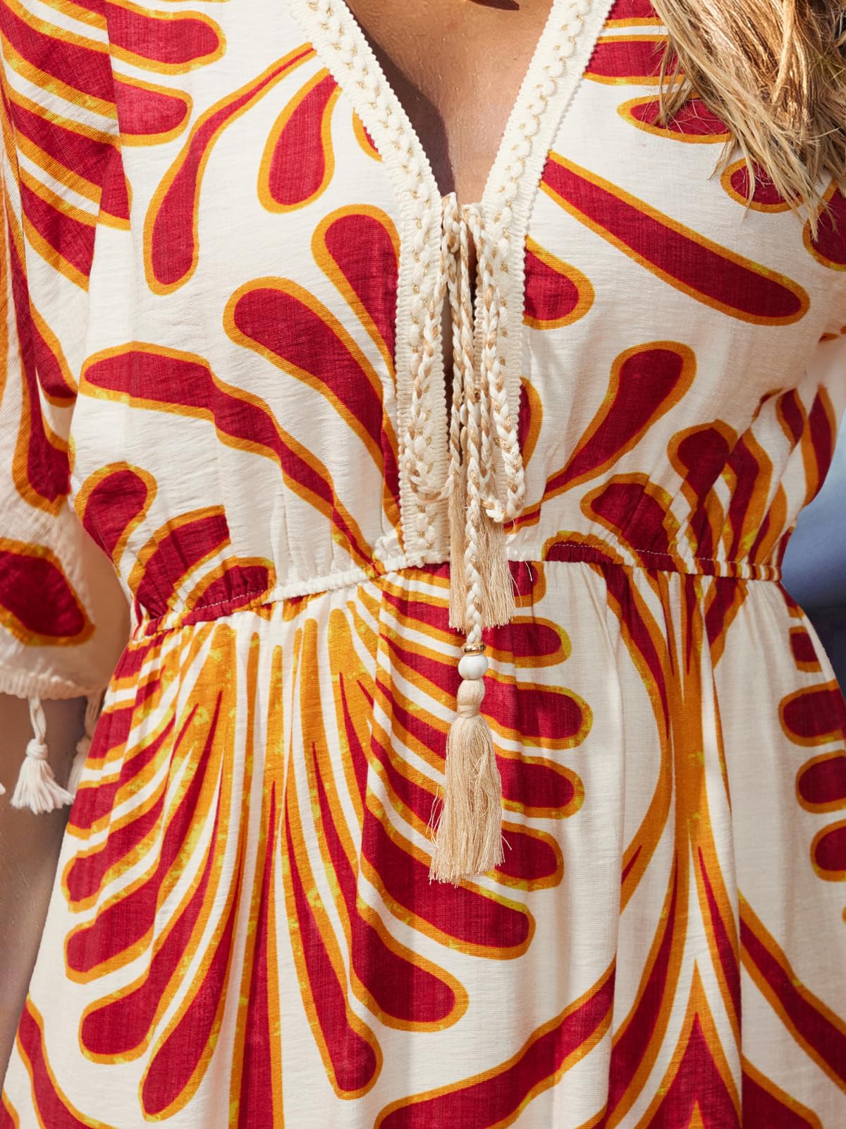 CUPSHE Vestidos de verano para mujer, con borlas, lazo frontal, cuello en V, manga murciélago, estilo hawaiano, casual, vestido largo