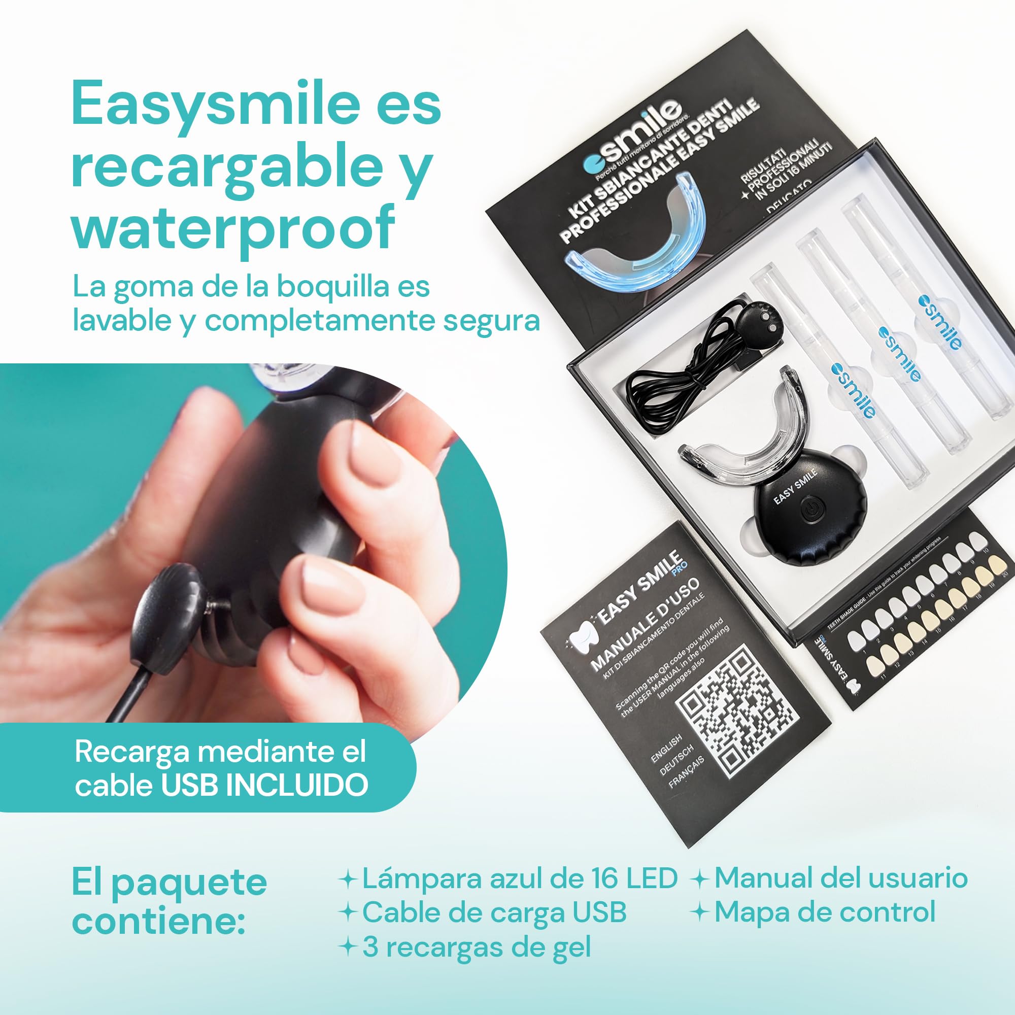 esmile Kit Blanqueador Dental LED 16X | 3 Geles PAP Sin Peróxido | Blanqueamiento Dental Profesional en Casa | Elimina Manchas | Apto Dientes Sensible