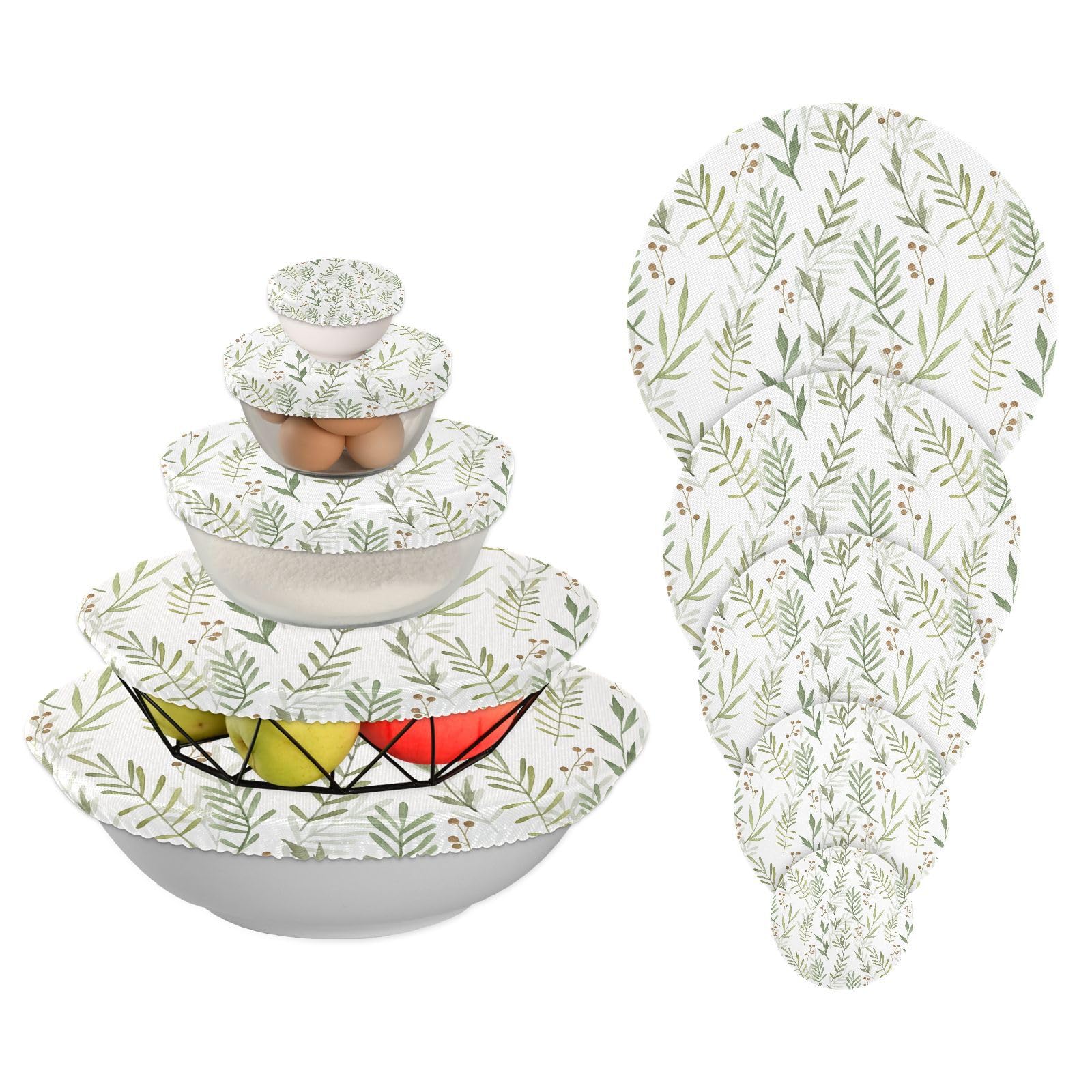 susiyo Reusable Stretchy Bowl Covers 5 Pieces, Watercolor Green Leaves Food Storage Container Elastic Covers, Dough Covers Reusable Fabric Covers for Bread Proofing, Fruits, Kitchen Leftovers