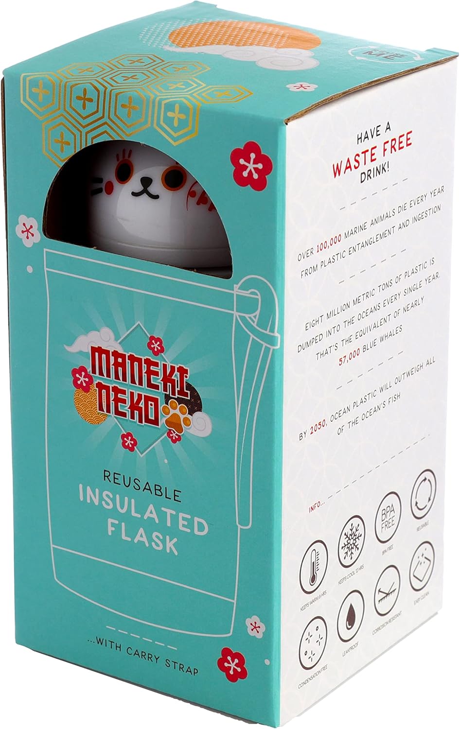 Puckator Maneki Neko - Stainless Steel Water Bottle - Cold for 24h and Hot for 12h - Metal Water Bottles with Lucky Cat Design - Double Walled Modern Thermos Flask - Bpa Free - 300 ml