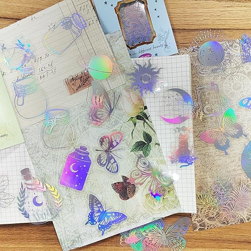 Miniatura 6 de Yoksas Calcomanías Holográficas con Purpurina - 200 Piezas Calcomanías Transparentes de Mariposas Plantas Brujeriles para Álbumes de Recortes,