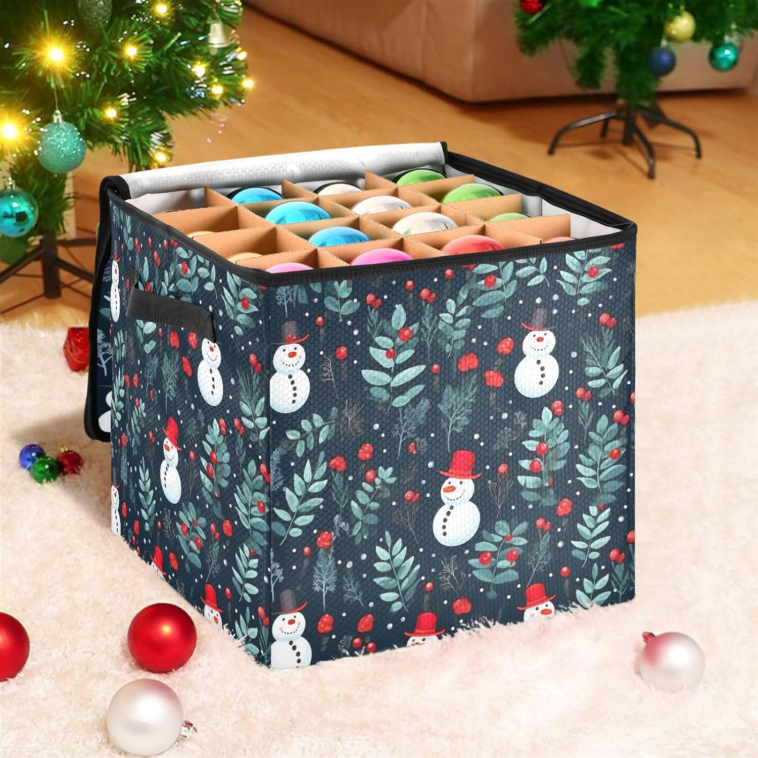 Christmas Snowman Leaves Christmas Ornament Storage Box for Next Season Holiday Decorations Storage Container with Adjustable Dividers & Lid Lidded Storage Bins for Organizing Decor Ornaments Balls