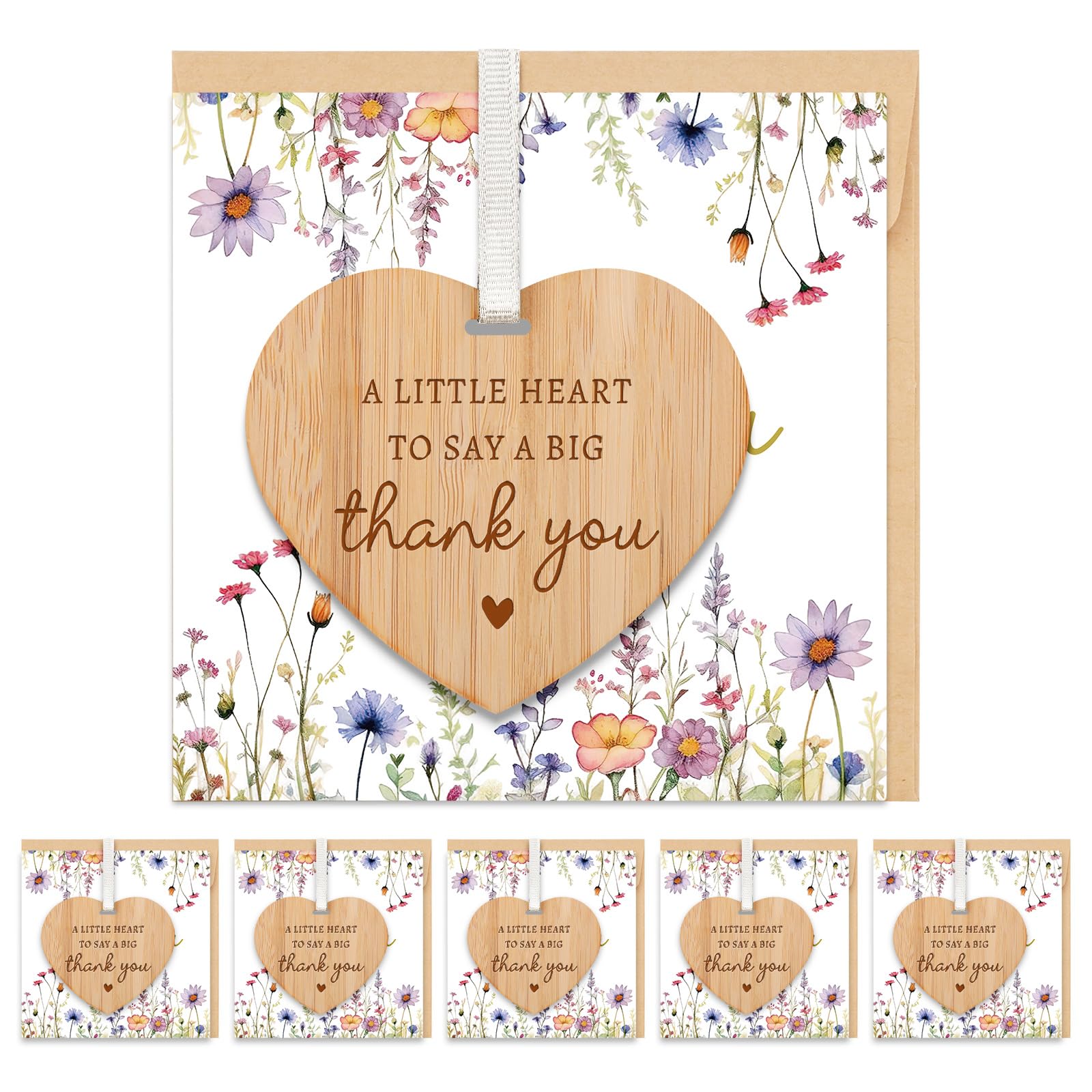 TheGiffter 6PC Thank You Cards Multipack with Wooden Heart Plaque, Appreciation Card with Envelope, Beautiful and Elegant Thank You Greeting Card for Women Teacher Mentor Nurse Doctor Wedding