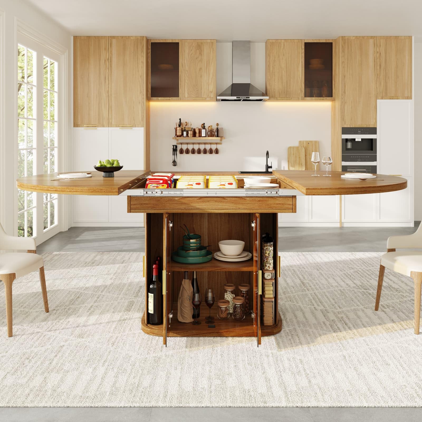 KOMHTOM Table à Manger Extensible, Table Pliante de Cuisine Salle à Manger, Table Ronde à Ovale 118-158 cm, Base avec Portes en Verre Intégrées, pour 6 Personnes, Bois (Noyer-2+MDF)