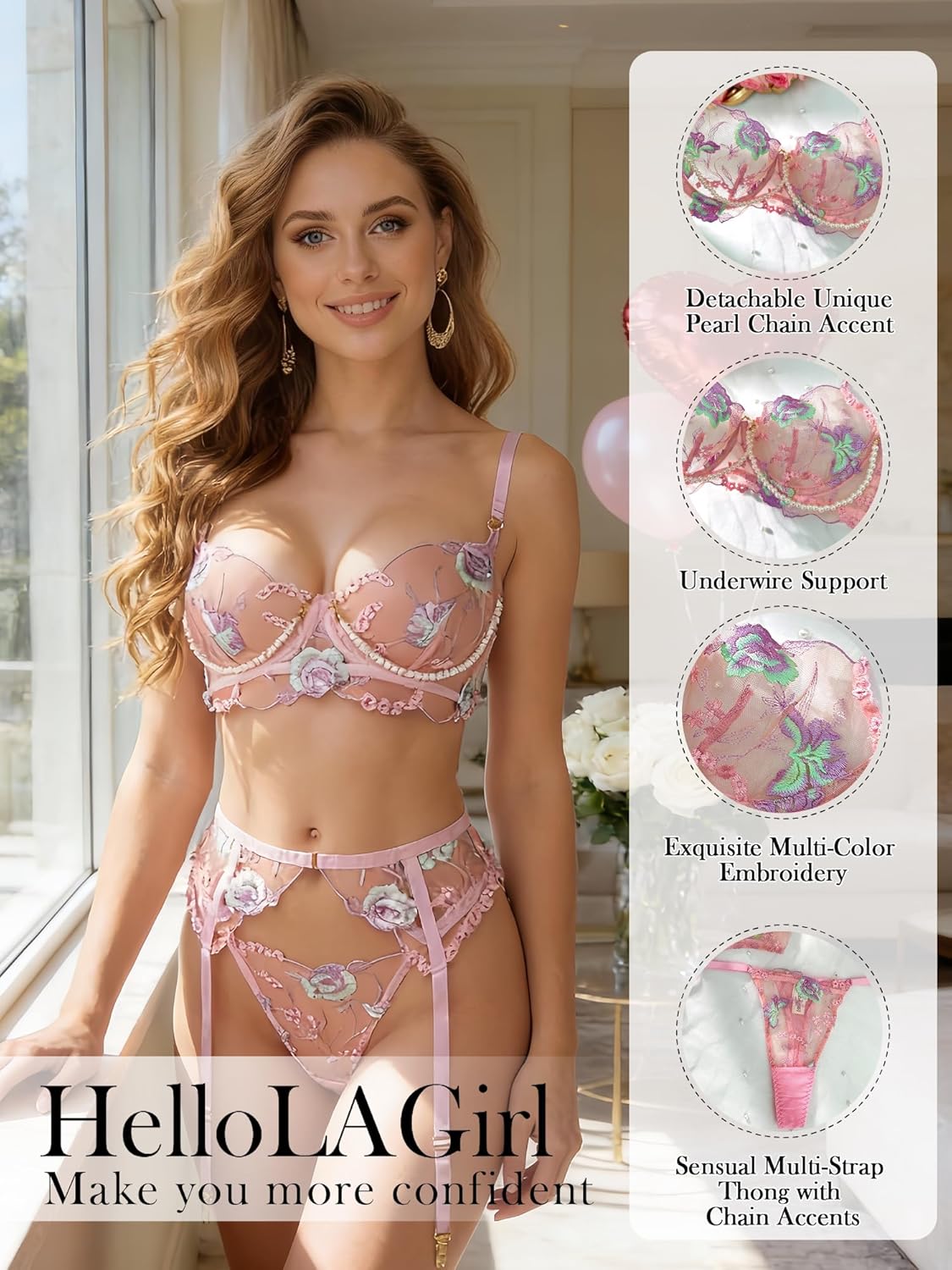 HELLOLAGIRL Lingerie Sets For Women Sexy, Pink Floral Embroidery Pearl Chain Lingerie Set