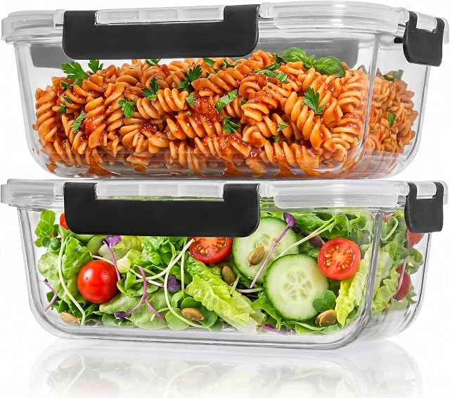 8 Cups/ 63 Oz 4 Piece (2 containers + 2 Lids) Large Glass Food Storage/Baking Containers w/Locking Lids Ideal for Storing food, vegetables/fruits BPA Free & Leak Proof Microwave, Oven Safe - Black