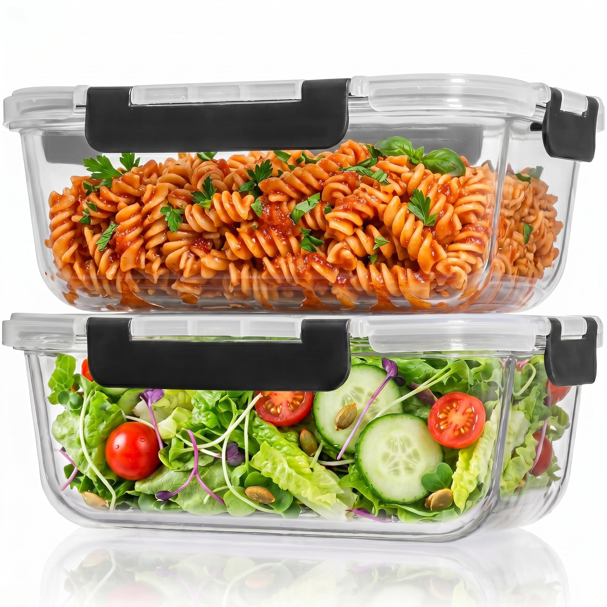 2 Pcs 1860ml / 63 Oz Large Glass Food Storage Containers with Lids - Glass Meal Prep Containers with Locking Lids for Roasting, Storing Leftover, Lunch Container, BPA Free, Microwave & Oven Safe